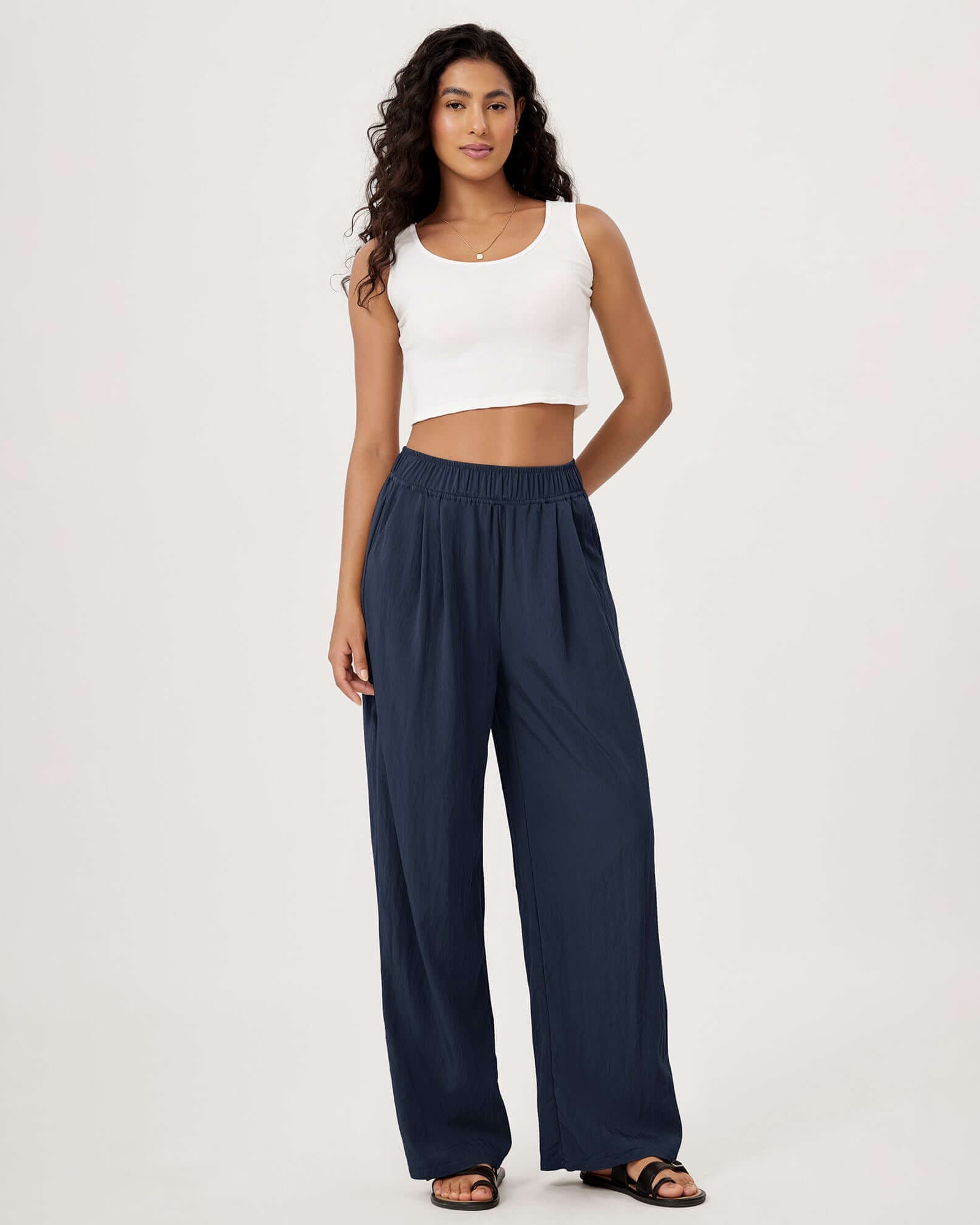 Wide Leg Crinkle Comfy High Waist Lounge Pants with Pockets - ododos