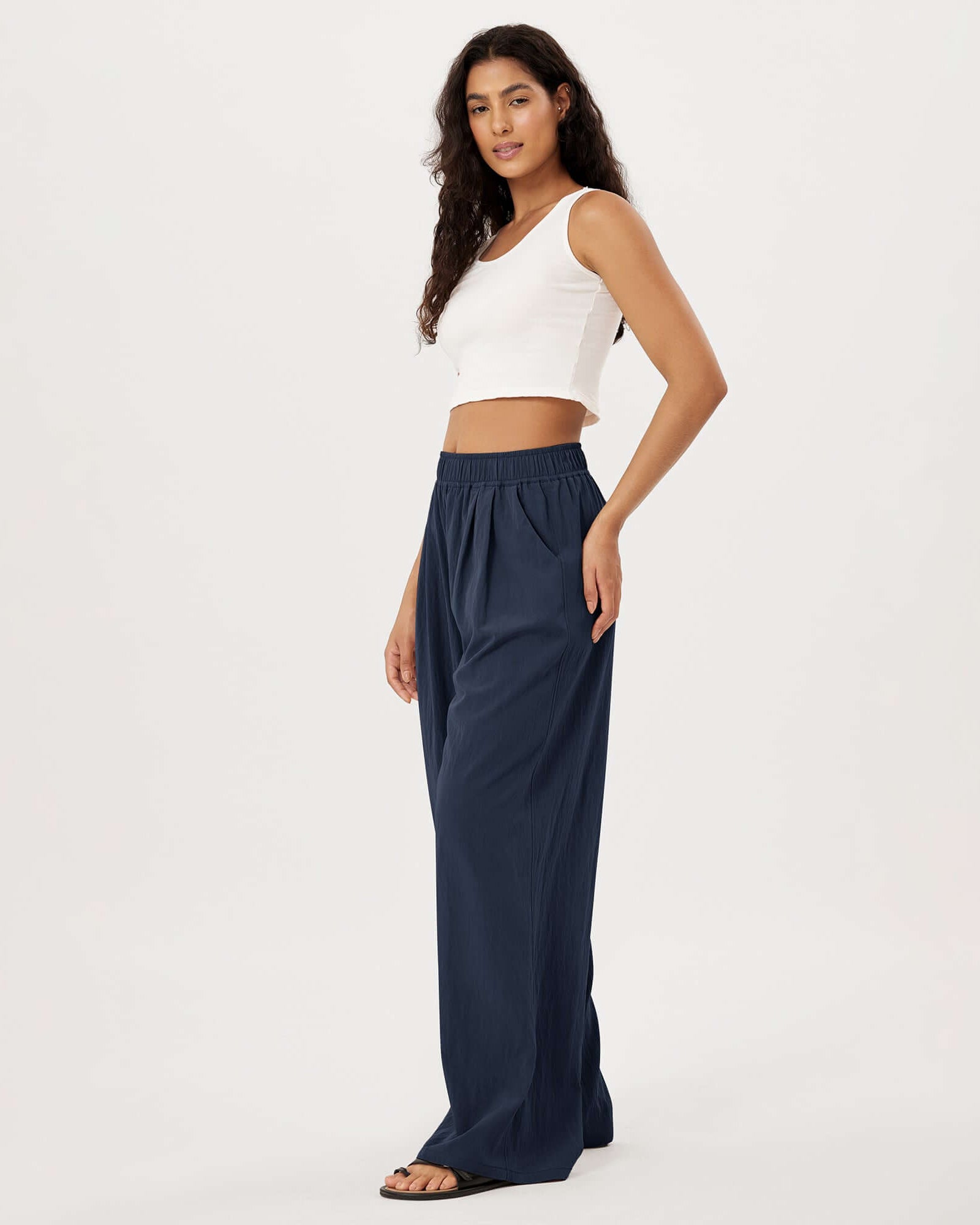 Wide Leg Crinkle Comfy High Waist Lounge Pants with Pockets - ododos