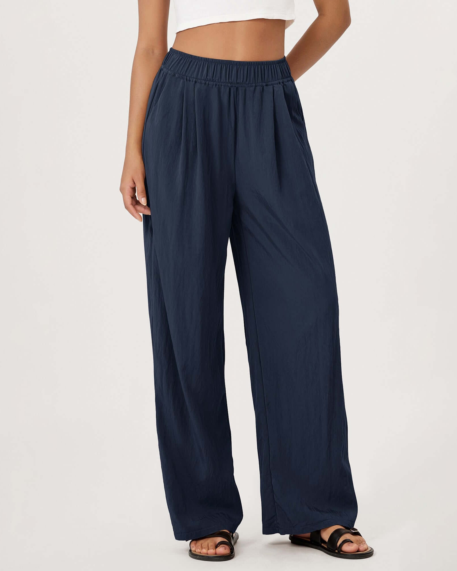 Wide Leg Crinkle Comfy High Waist Lounge Pants with Pockets Dark Blue - ododos