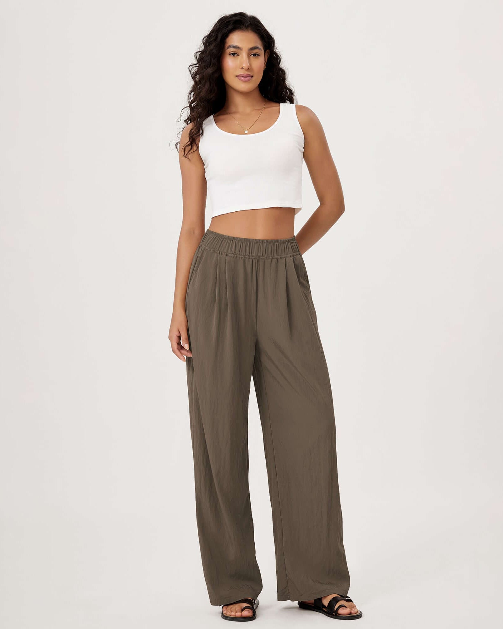 Wide Leg Crinkle Comfy High Waist Lounge Pants with Pockets - ododos