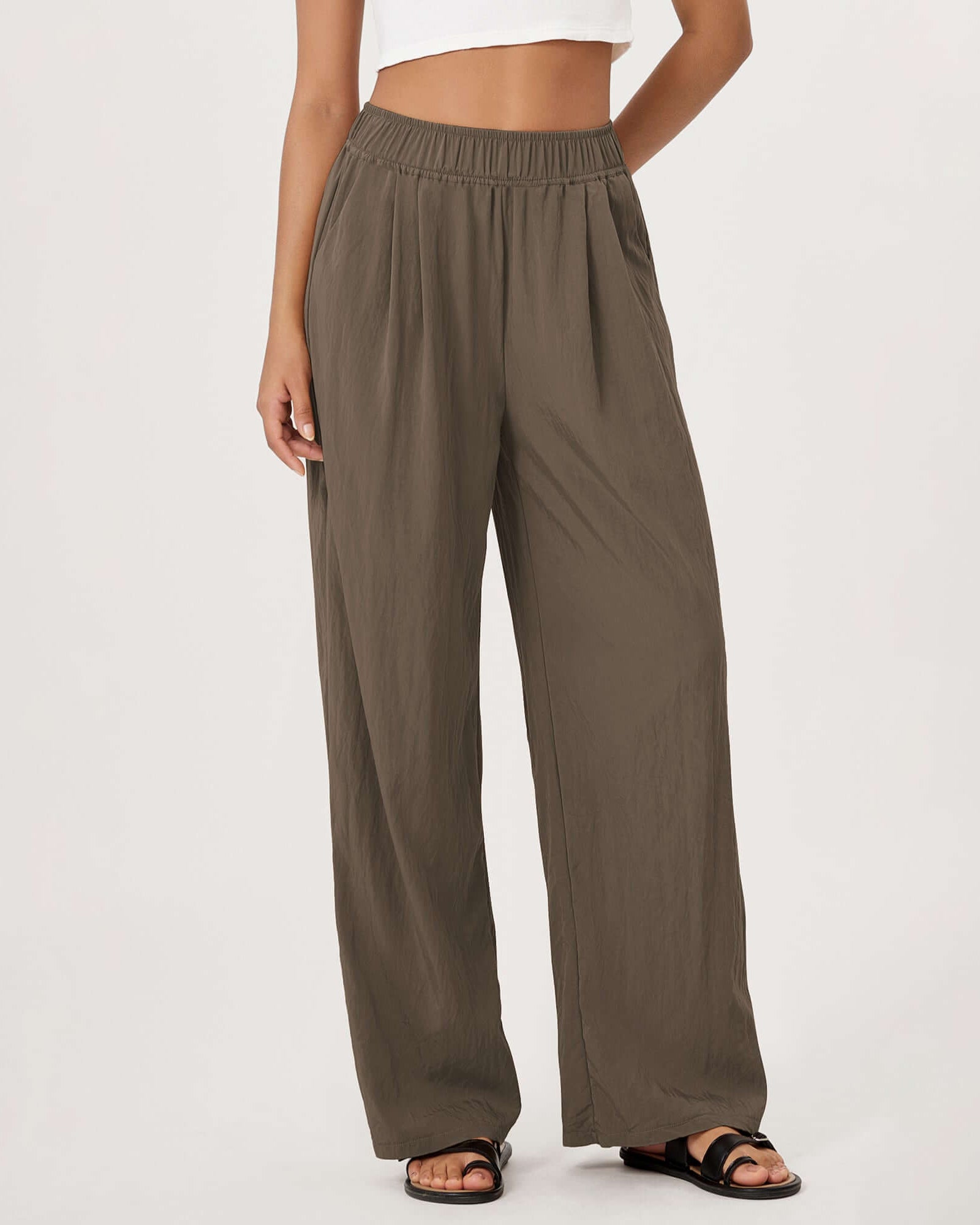 Wide Leg Crinkle Comfy High Waist Lounge Pants with Pockets Dark Brown - ododos
