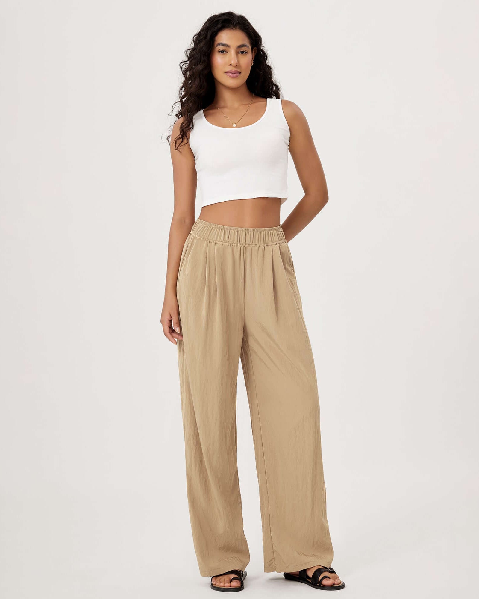 Wide Leg Crinkle Comfy High Waist Lounge Pants with Pockets - ododos