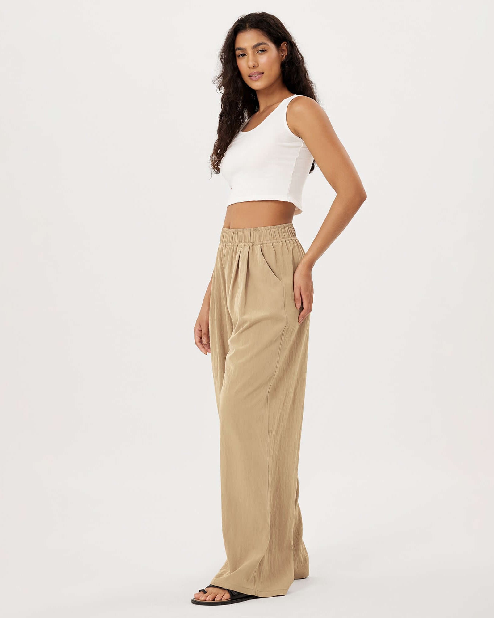 Wide Leg Crinkle Comfy High Waist Lounge Pants with Pockets - ododos