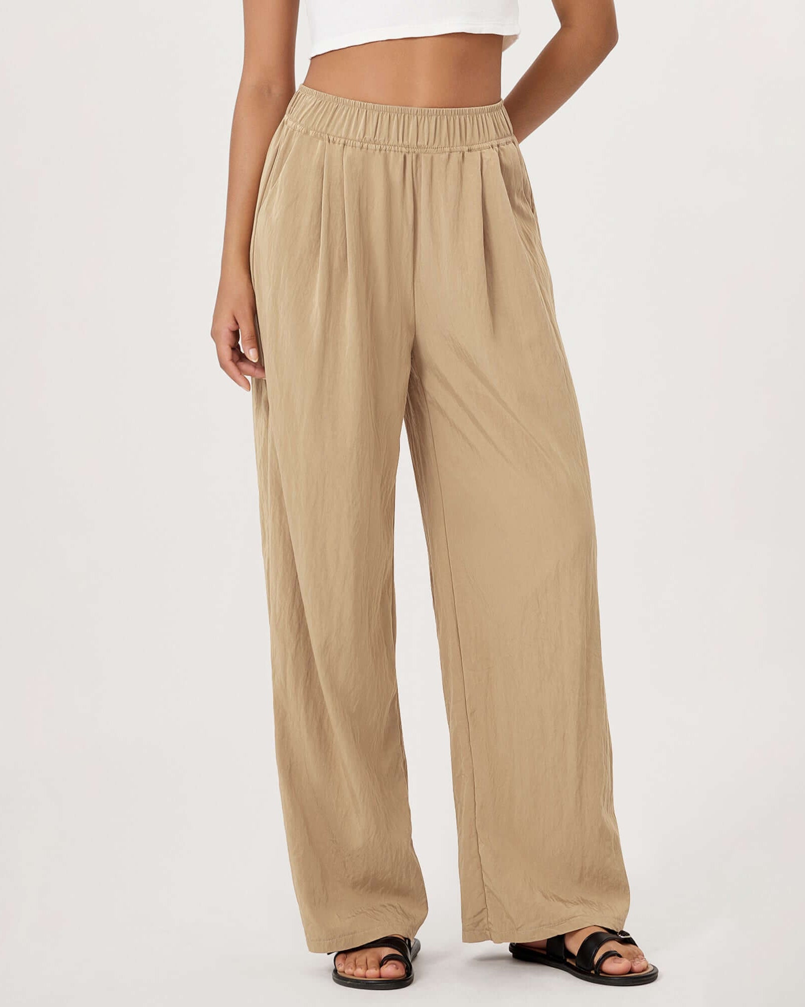 Wide Leg Crinkle Comfy High Waist Lounge Pants with Pockets Khaki - ododos