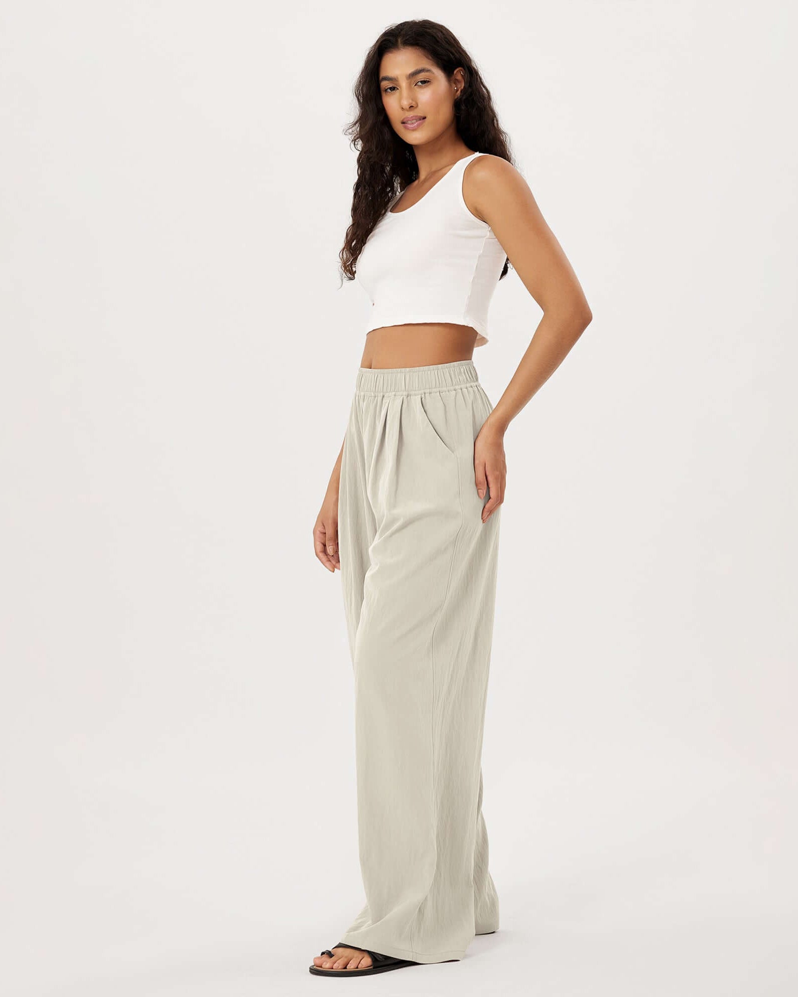 Wide Leg Crinkle Comfy High Waist Lounge Pants with Pockets - ododos