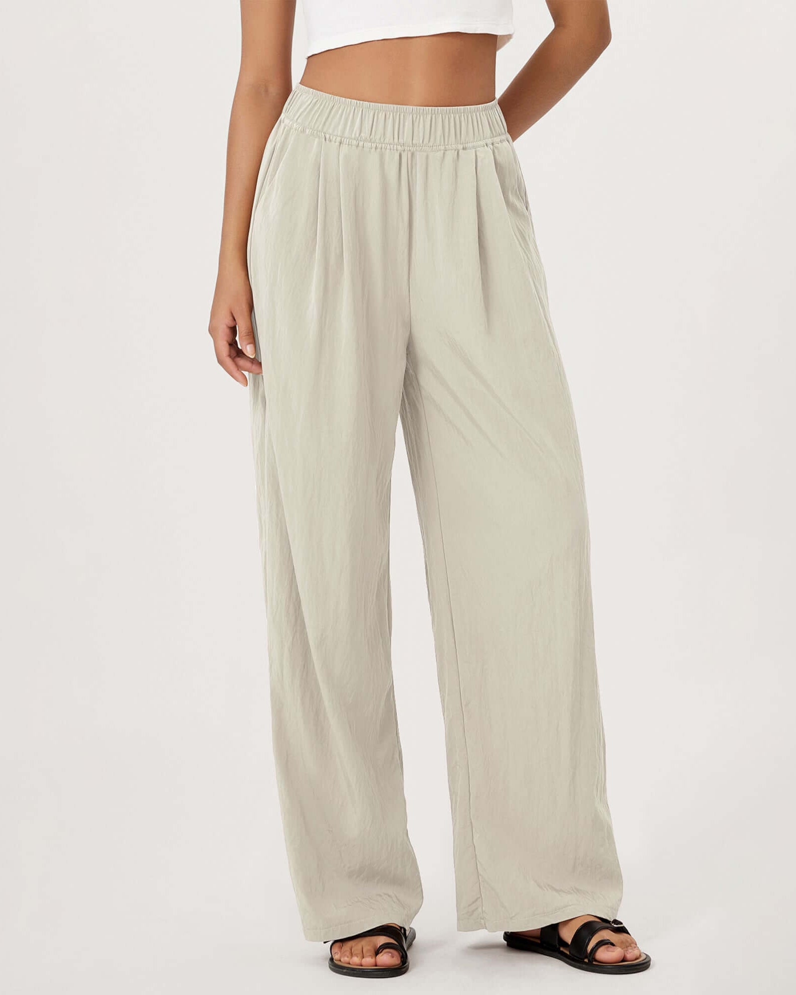 Wide Leg Crinkle Comfy High Waist Lounge Pants with Pockets Vaporous Gray - ododos
