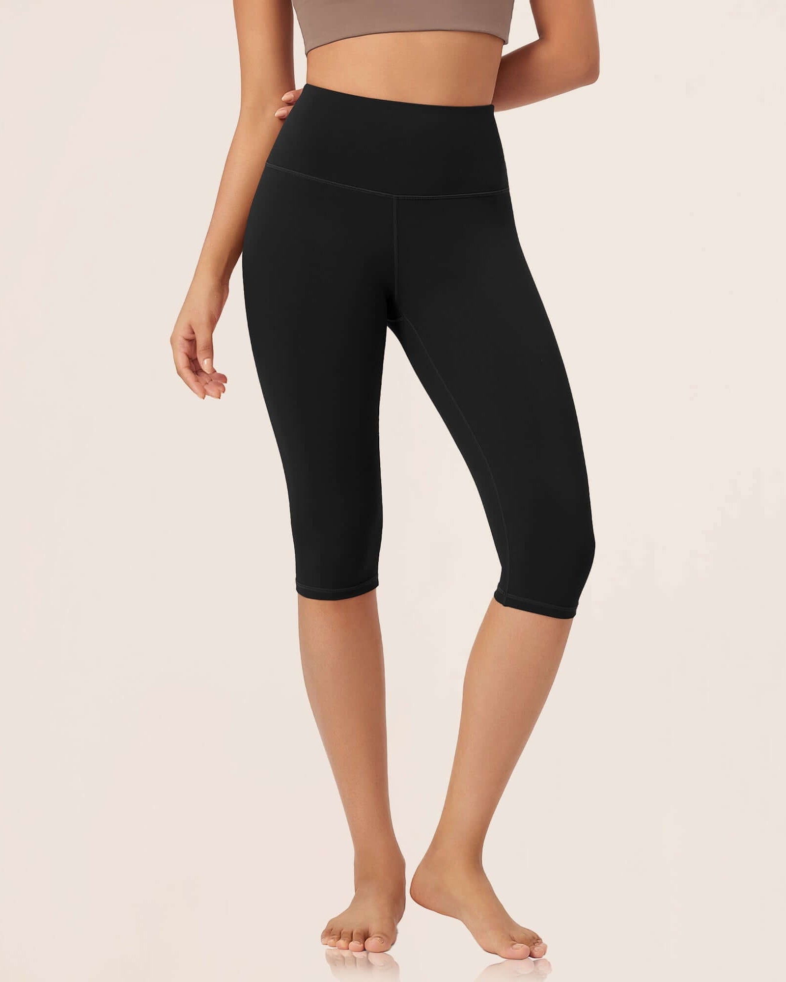 ODLEX 14 High Waist Knee Length Workout Athletic Running Capris Leggings Black - ododos