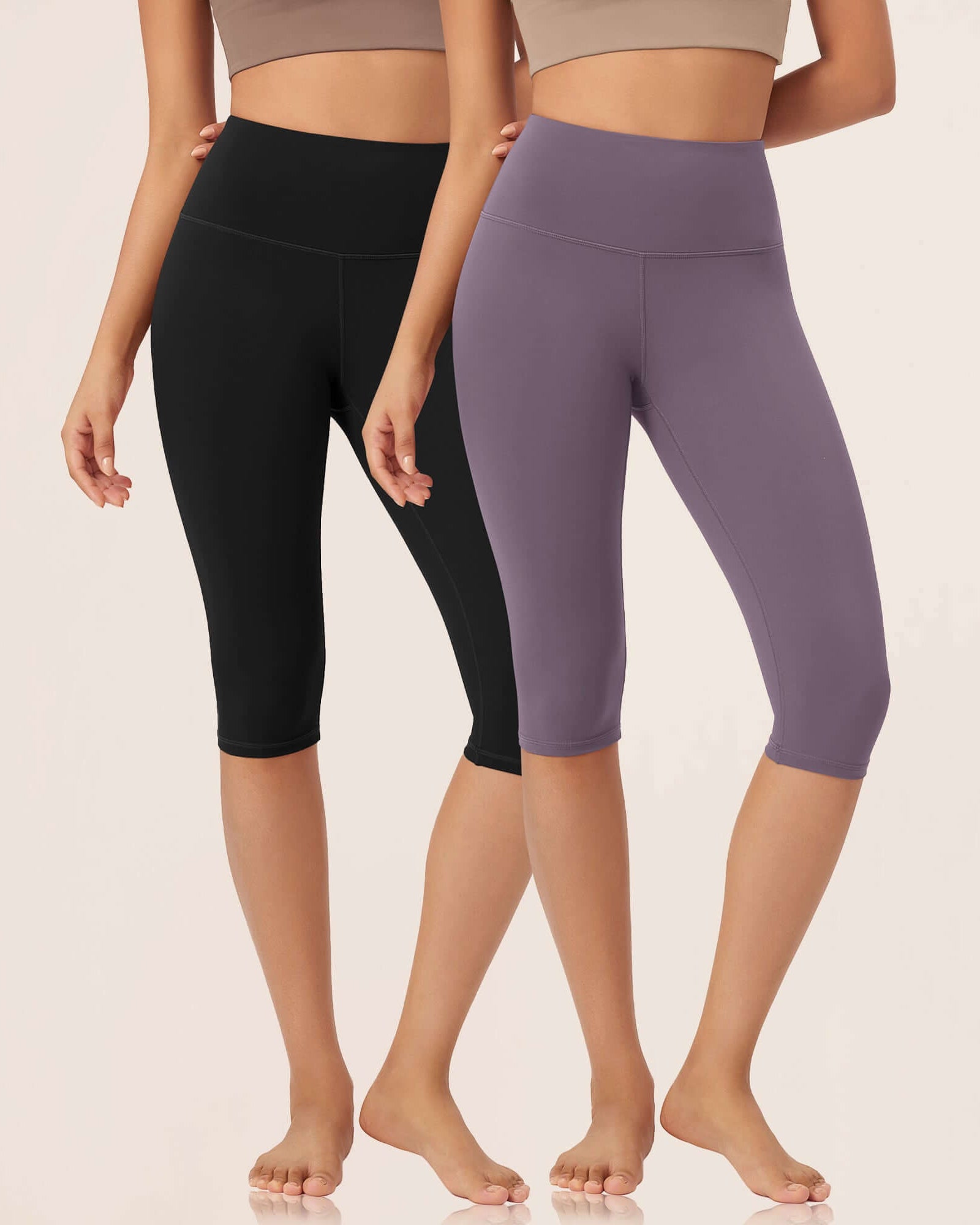 ODLEX 2-Pack 14 High Waist Knee Length Workout Athletic Running Capris Leggings Black+ash Violet - ododos