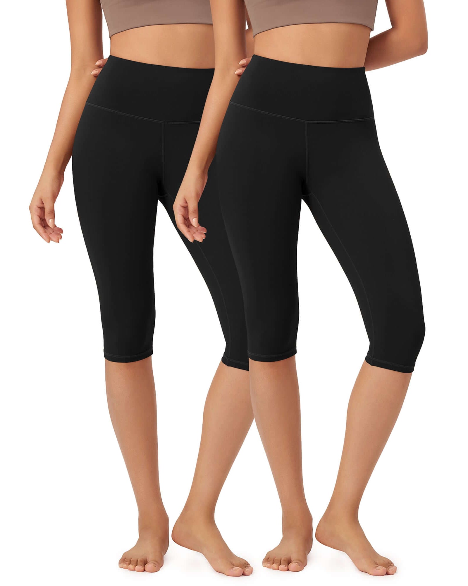 ODLEX 2-Pack 14 High Waist Knee Length Workout Athletic Running Capris Leggings Black+Black - ododos