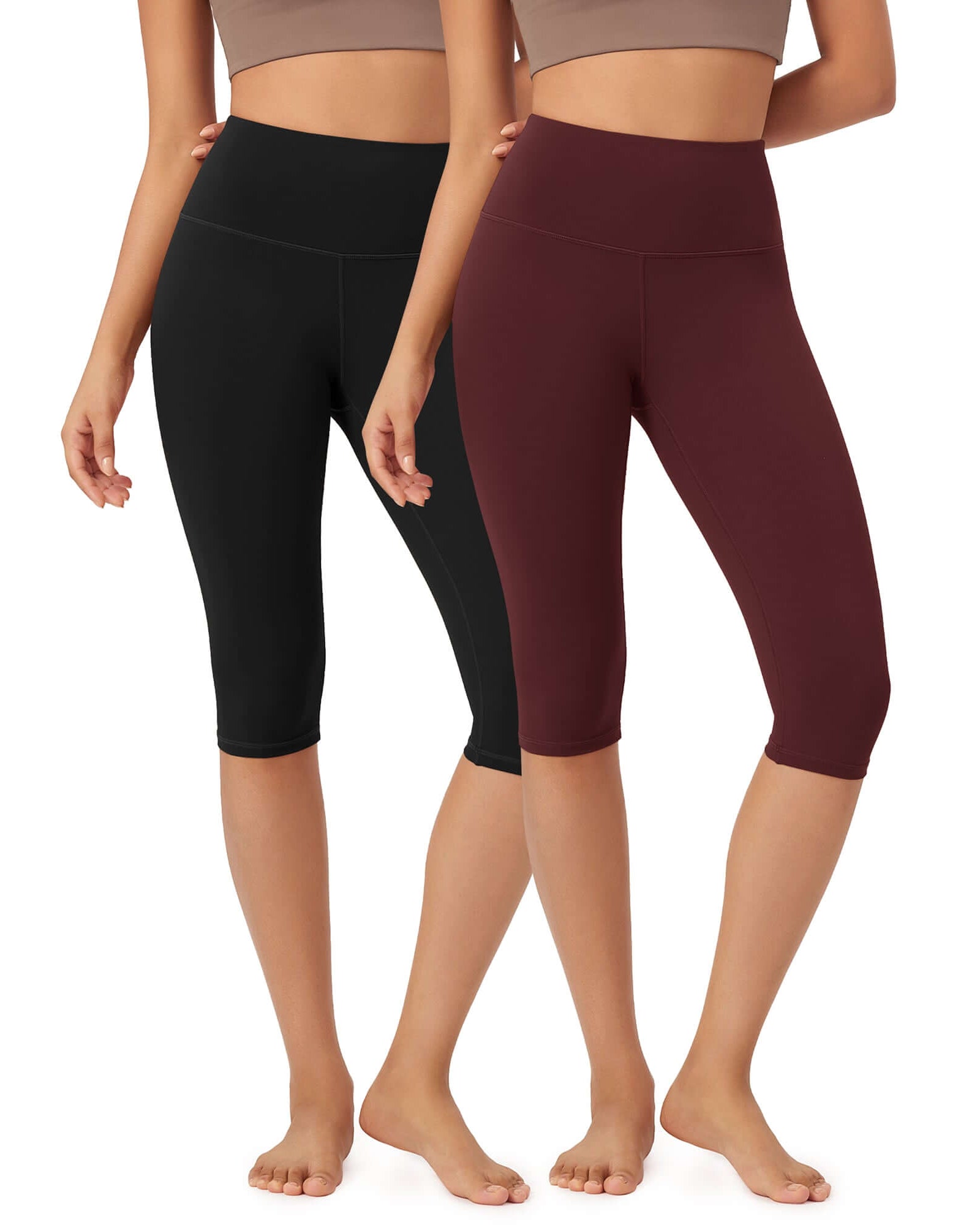 ODLEX 2-Pack 14 High Waist Knee Length Workout Athletic Running Capris Leggings Black+Burgundy - ododos