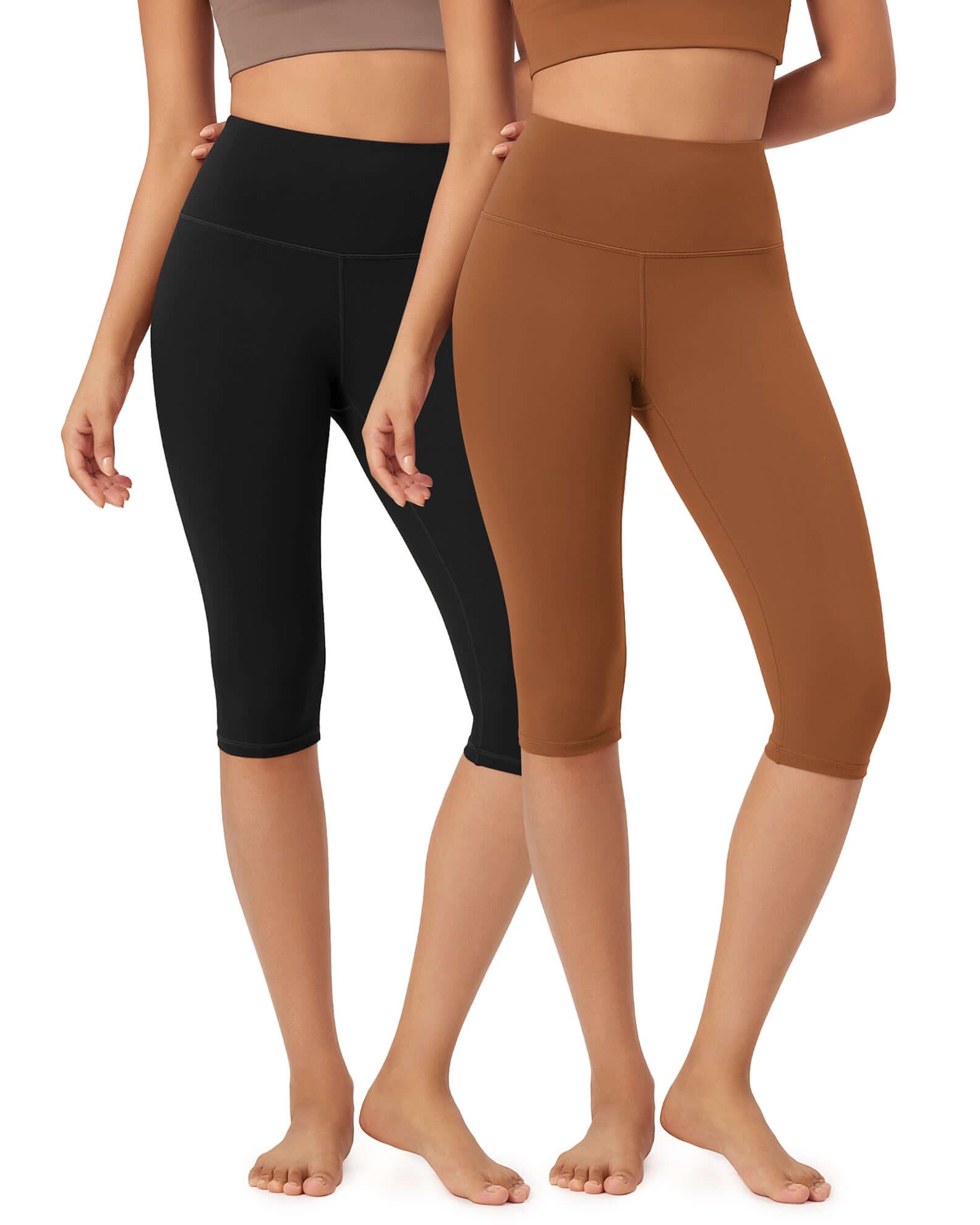 ODLEX 2-Pack 14 High Waist Knee Length Workout Athletic Running Capris Leggings Black+Caramel - ododos