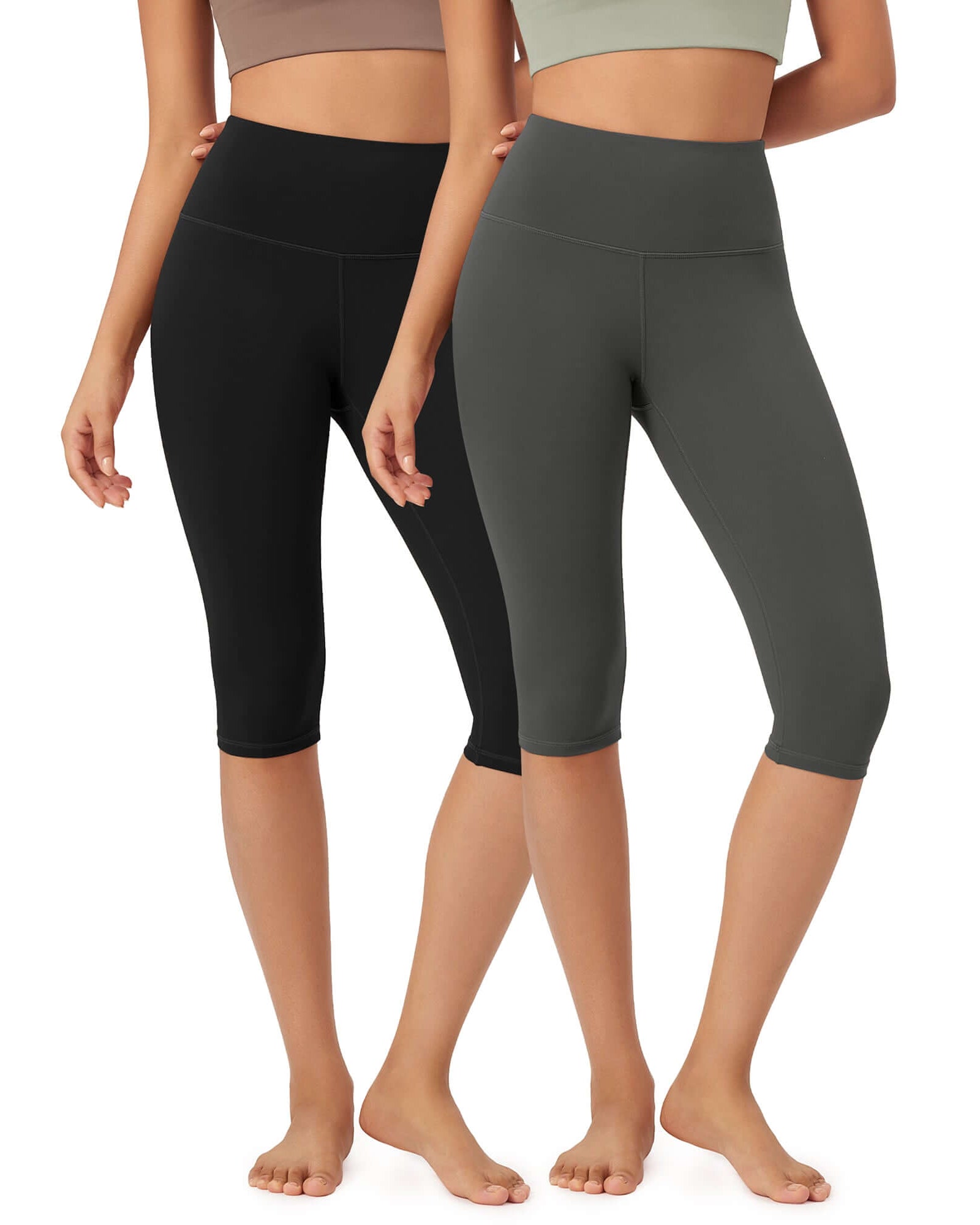 ODLEX 2-Pack 14 High Waist Knee Length Workout Athletic Running Capris Leggings Black+Charcoal - ododos