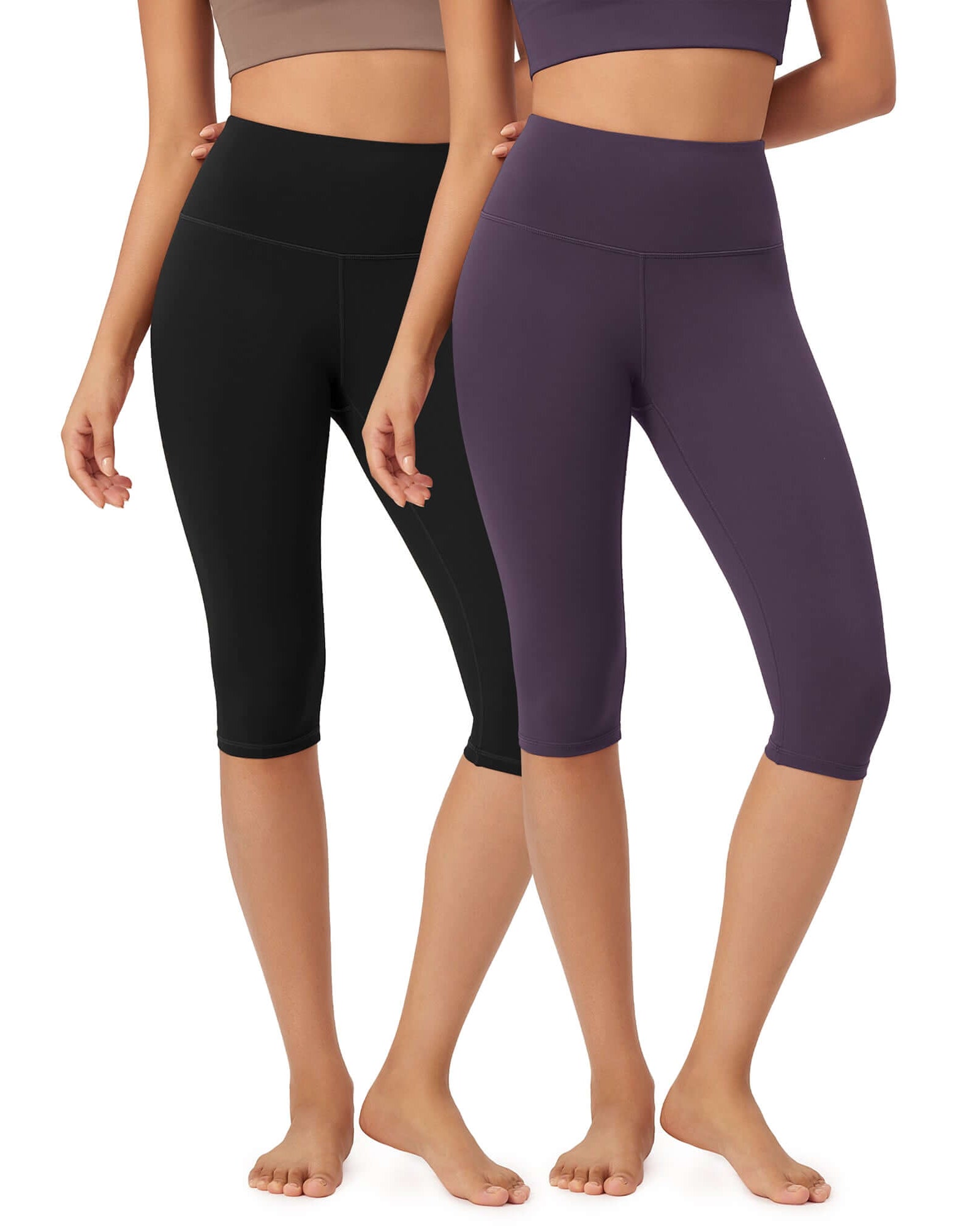 ODLEX 2-Pack 14 High Waist Knee Length Workout Athletic Running Capris Leggings Black+Purple Taupe - ododos