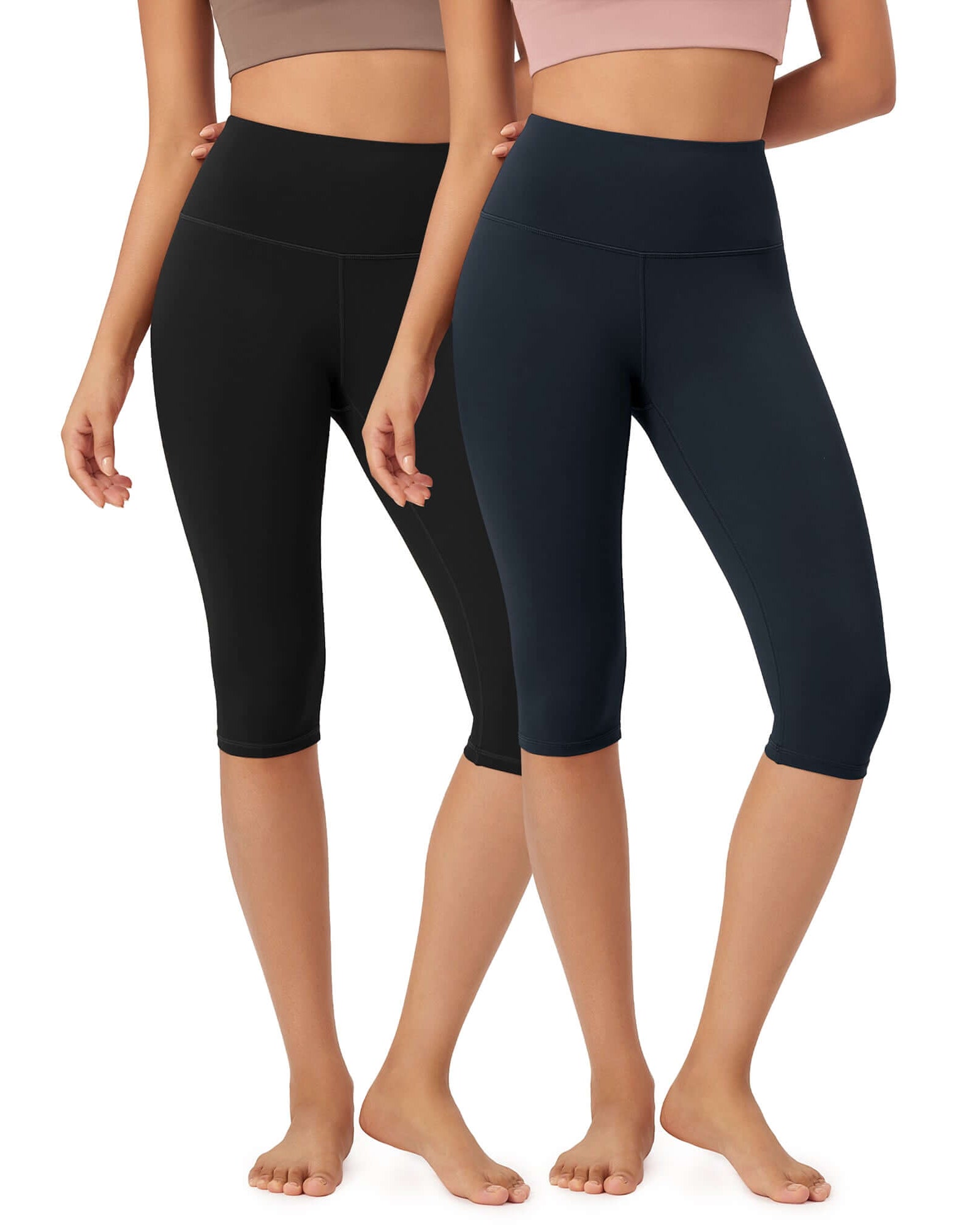 ODLEX 2-Pack 14 High Waist Knee Length Workout Athletic Running Capris Leggings Black+Deep Navy - ododos