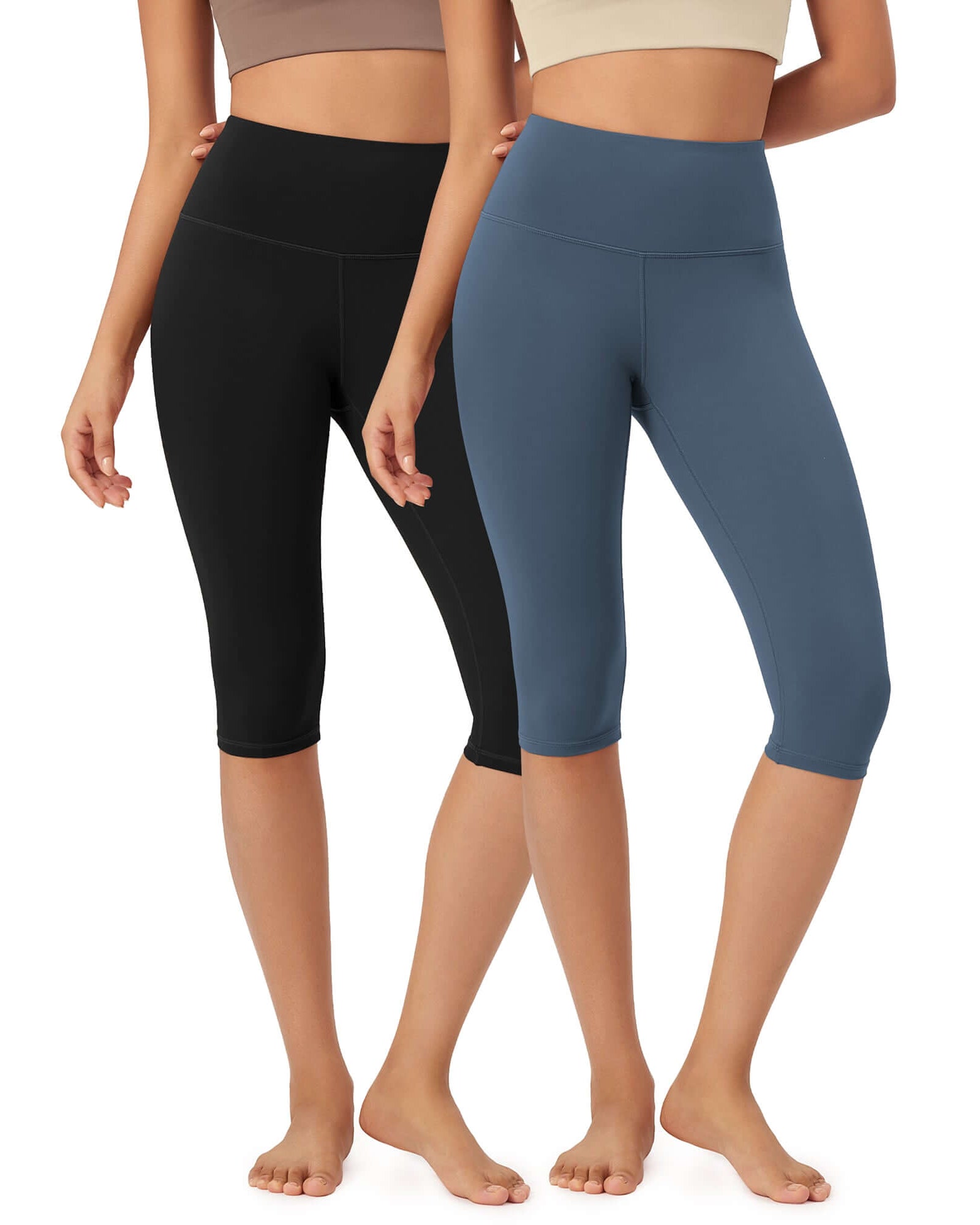 ODLEX 2-Pack 14 High Waist Knee Length Workout Athletic Running Capris Leggings Black+Ink Blue - ododos