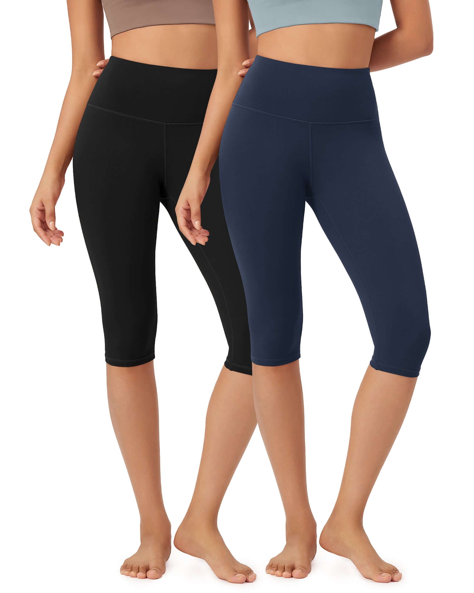 ODLEX 2-Pack 14 High Waist Knee Length Workout Athletic Running Capris Leggings Black+Navy - ododos