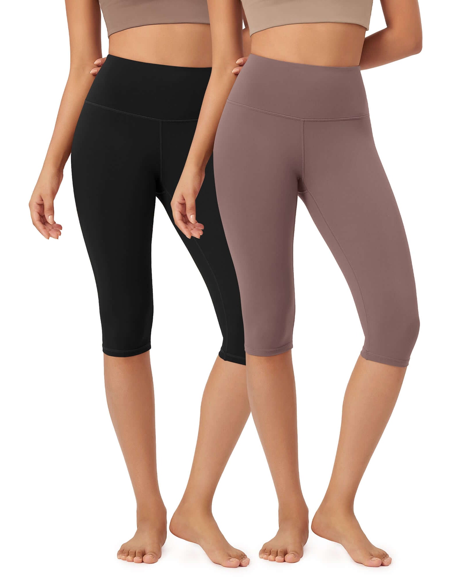 ODLEX 2-Pack 14 High Waist Knee Length Workout Athletic Running Capris Leggings Black+Dark Purple - ododos