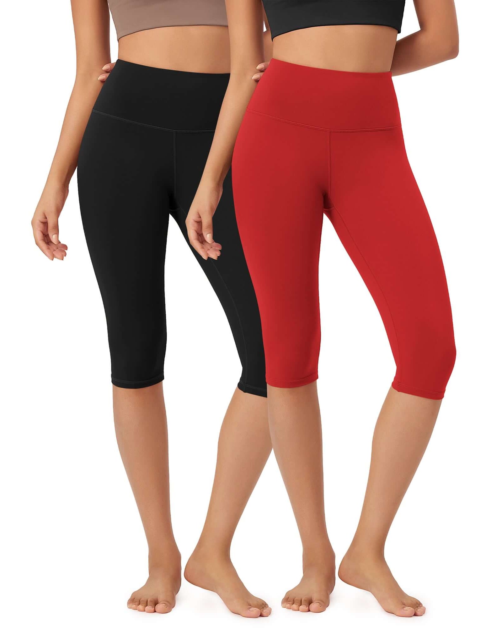 ODLEX 2-Pack 14 High Waist Knee Length Workout Athletic Running Capris Leggings Black+Red - ododos