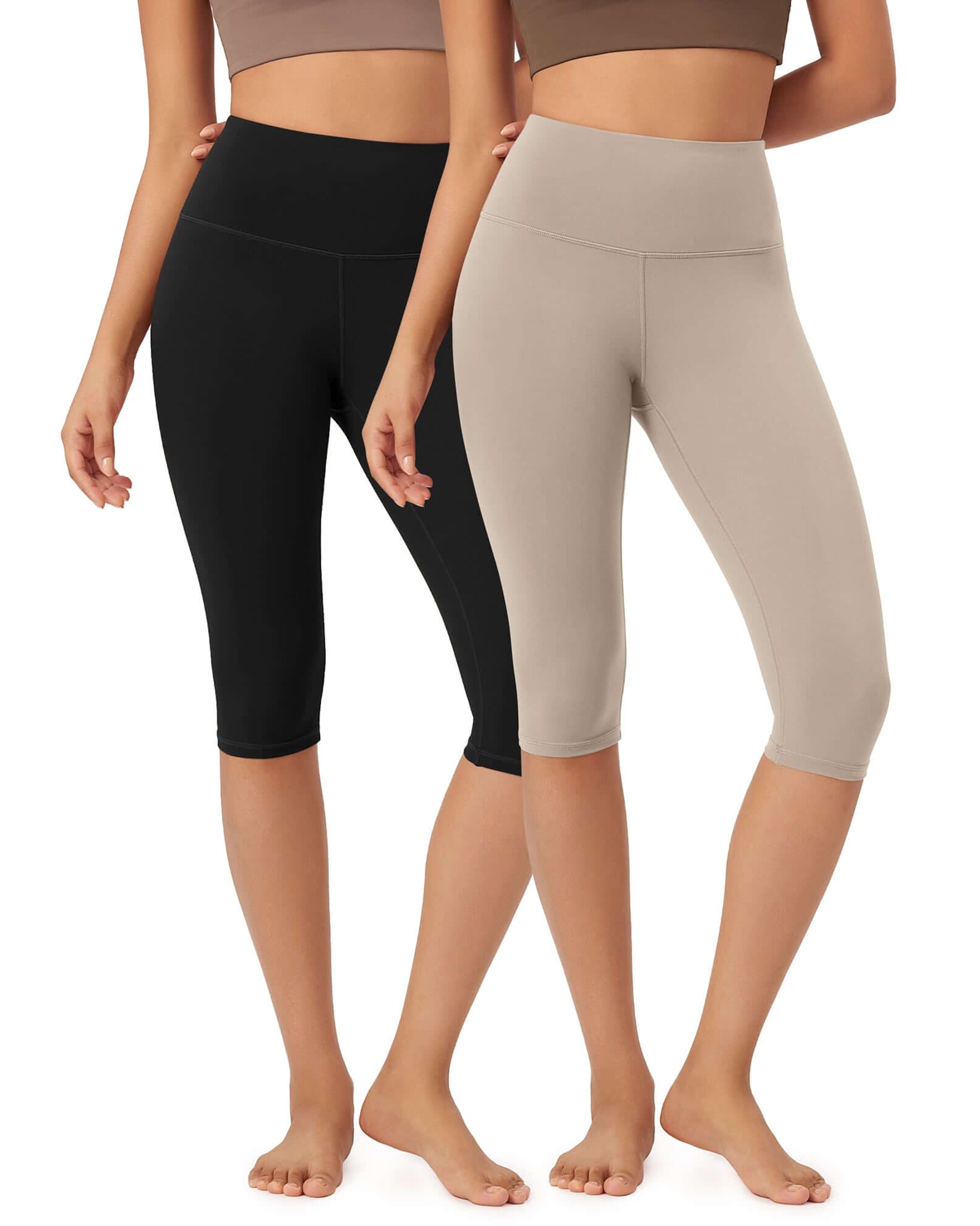 ODLEX 2-Pack 14 High Waist Knee Length Workout Athletic Running Capris Leggings Black+Taupe - ododos