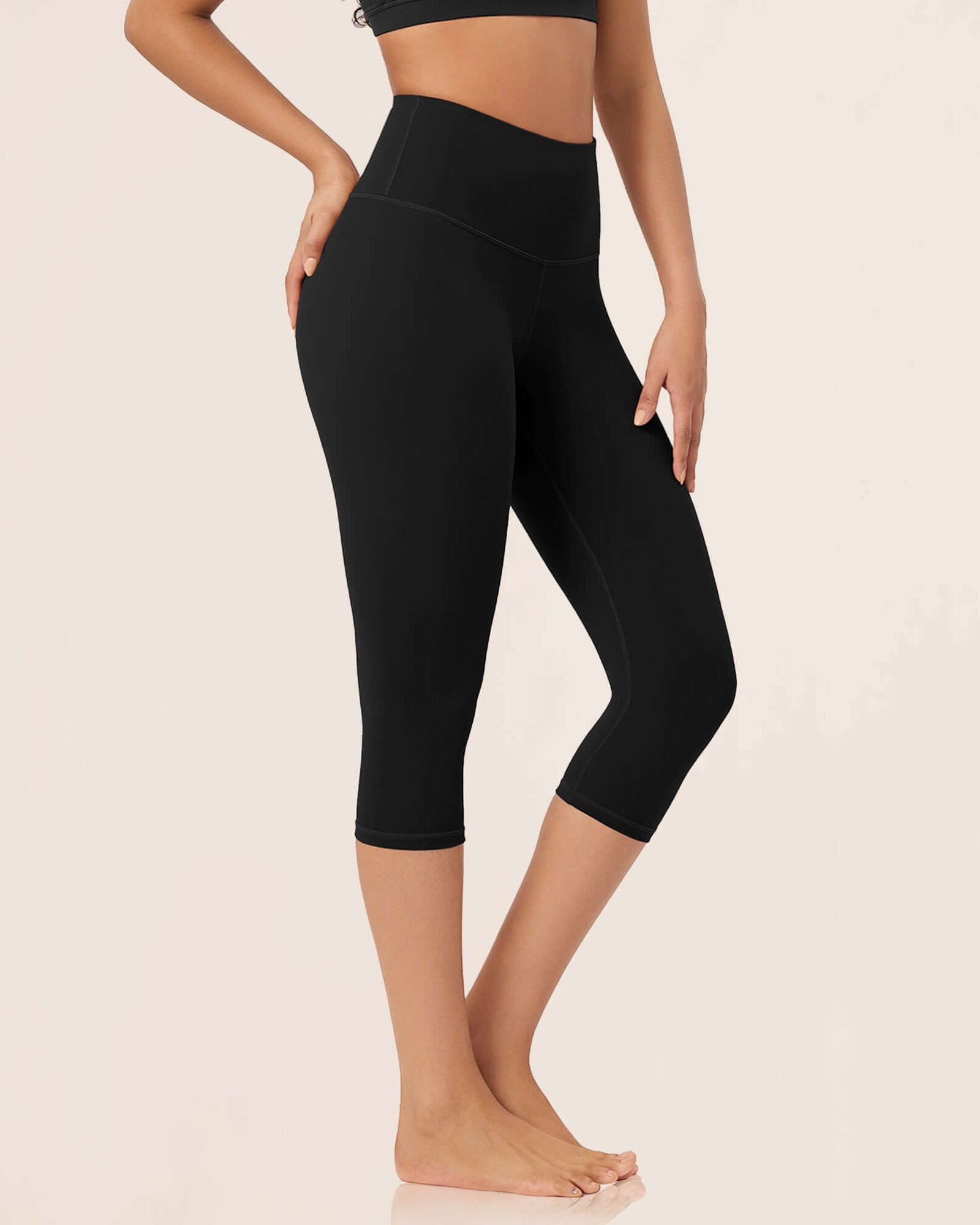 ODLEX 19 High Waist Knee Length Workout Athletic Running Capris Leggings Black - ododos