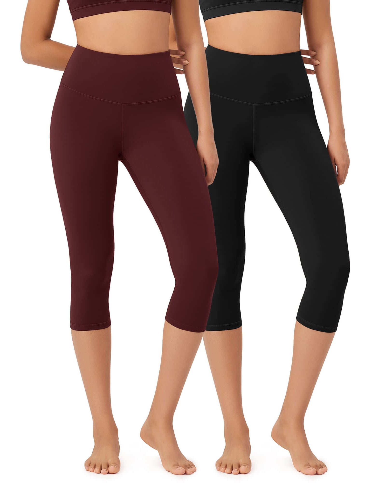 ODLEX 2-Pack 19 High Waist Knee Length Workout Athletic Running Capris Leggings Black+Burgundy - ododos