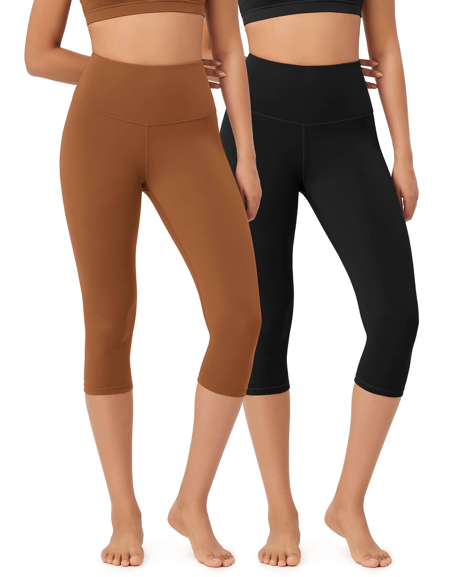 ODLEX 2-Pack 19 High Waist Knee Length Workout Athletic Running Capris Leggings Black+Caramel - ododos