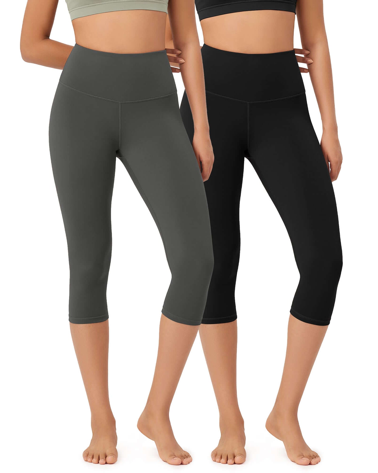 ODLEX 2-Pack 19 High Waist Knee Length Workout Athletic Running Capris Leggings Black+Charcoal - ododos