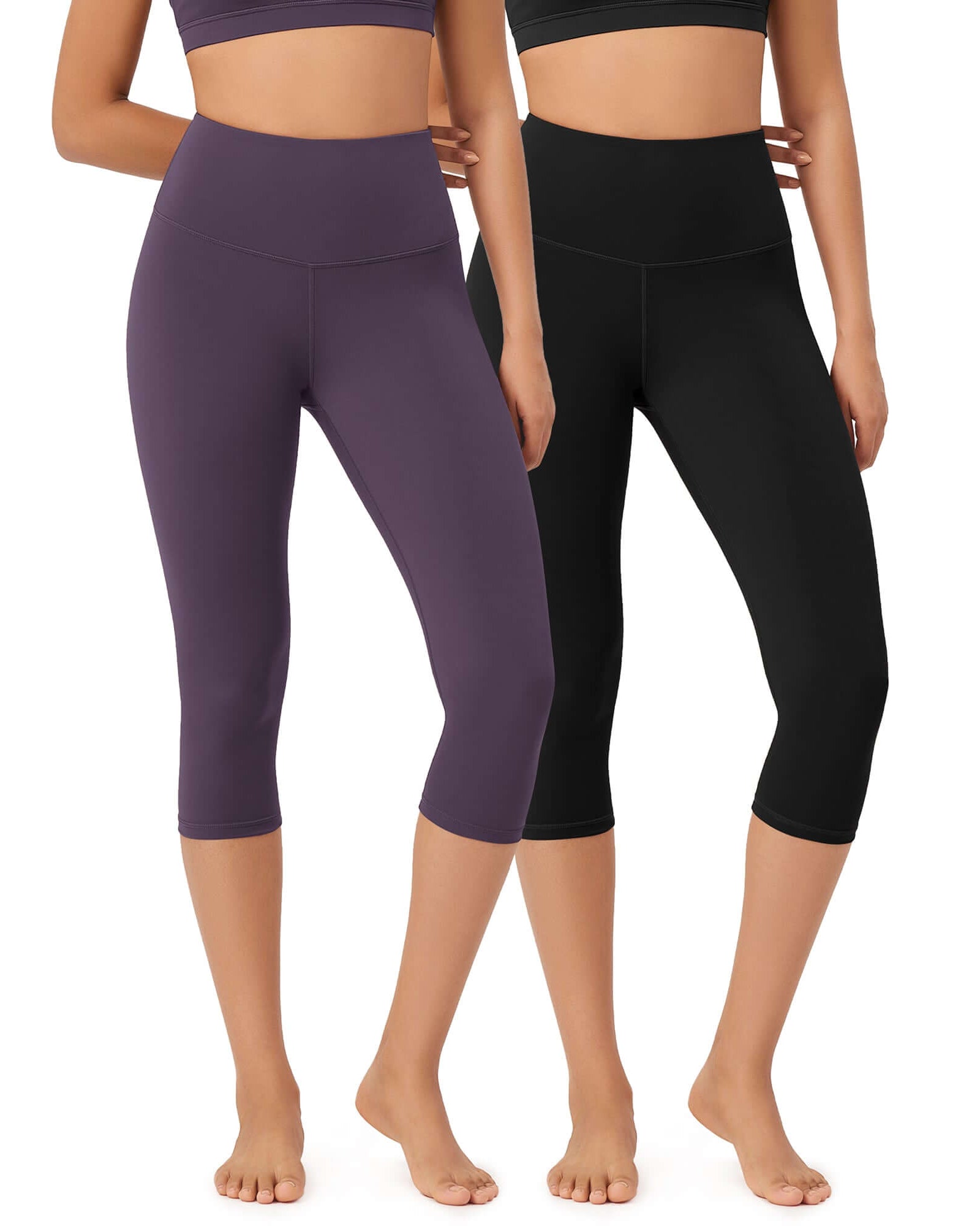 ODLEX 2-Pack 19 High Waist Knee Length Workout Athletic Running Capris Leggings Black+Dark Purple - ododos