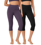 ODLEX 2-Pack 19 High Waist Knee Length Workout Athletic Running Capris Leggings Black+Dark Purple - ododos