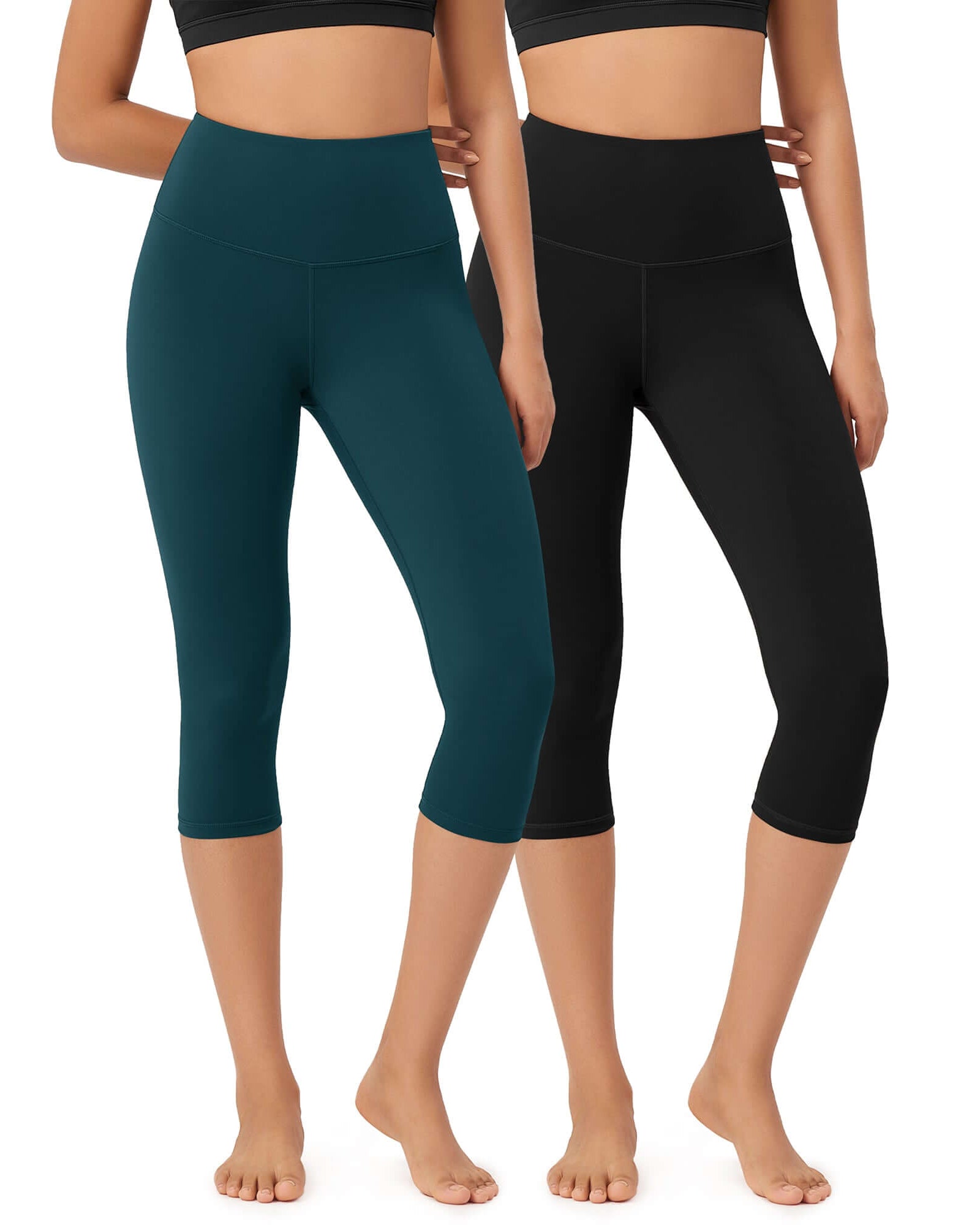 ODLEX 2-Pack 19 High Waist Knee Length Workout Athletic Running Capris Leggings Black+Forest Teal - ododos