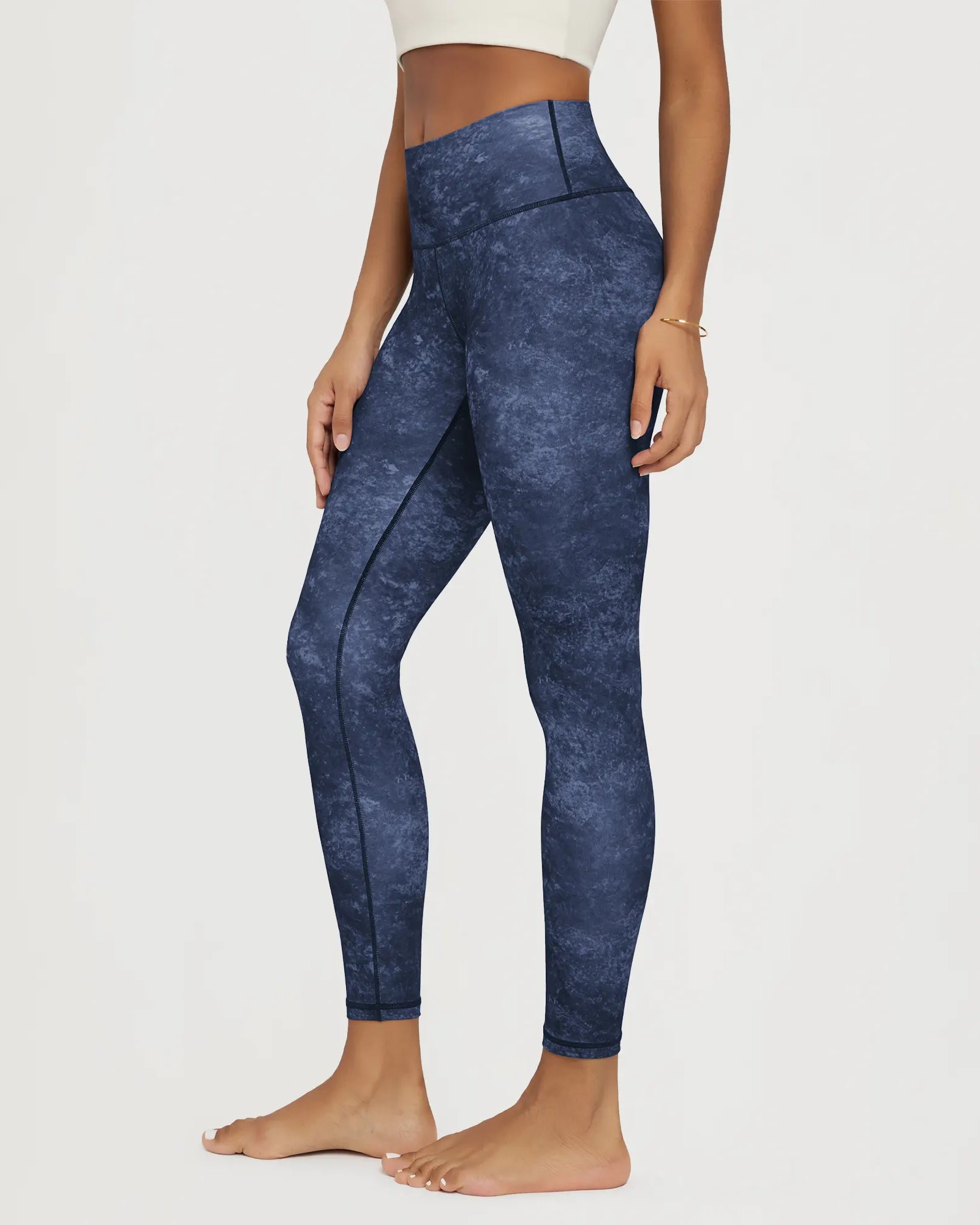 25" Buttery Soft Lounge Patterned Leggings Workout, navy blue, side view showing sleek 4-way stretch fabric and high waist fit