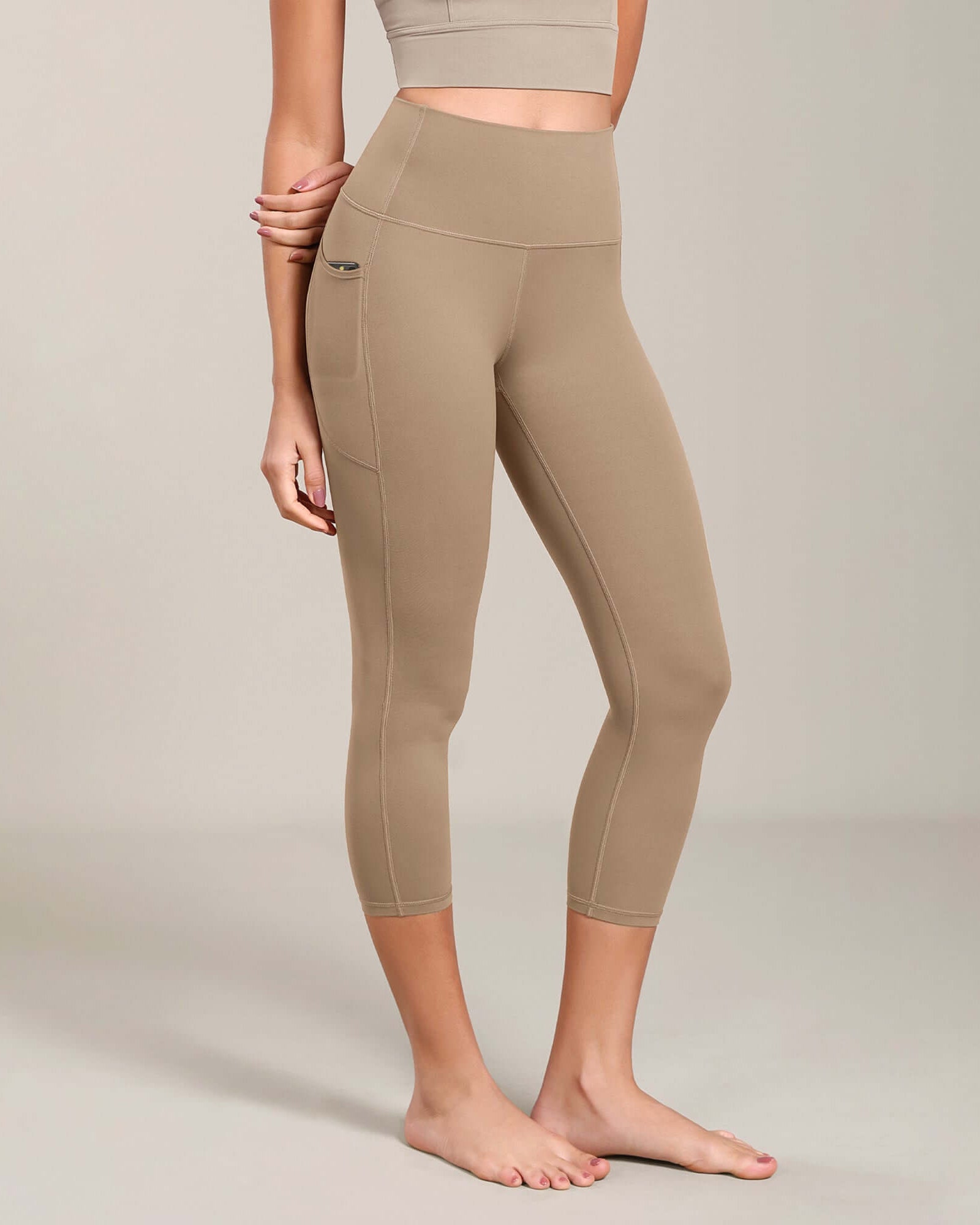 Odcloud Lounge Yoga 21 High Waist Capris Leggings with Pockets Light Brown - ododos