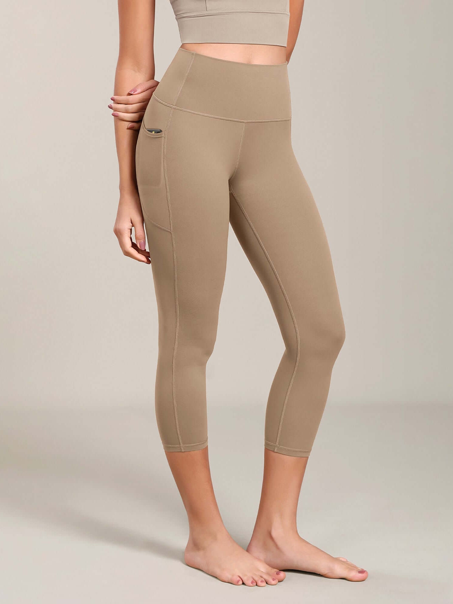 Odcloud Lounge Yoga 21 High Waist Capris Leggings with Pockets Light Brown - ododos