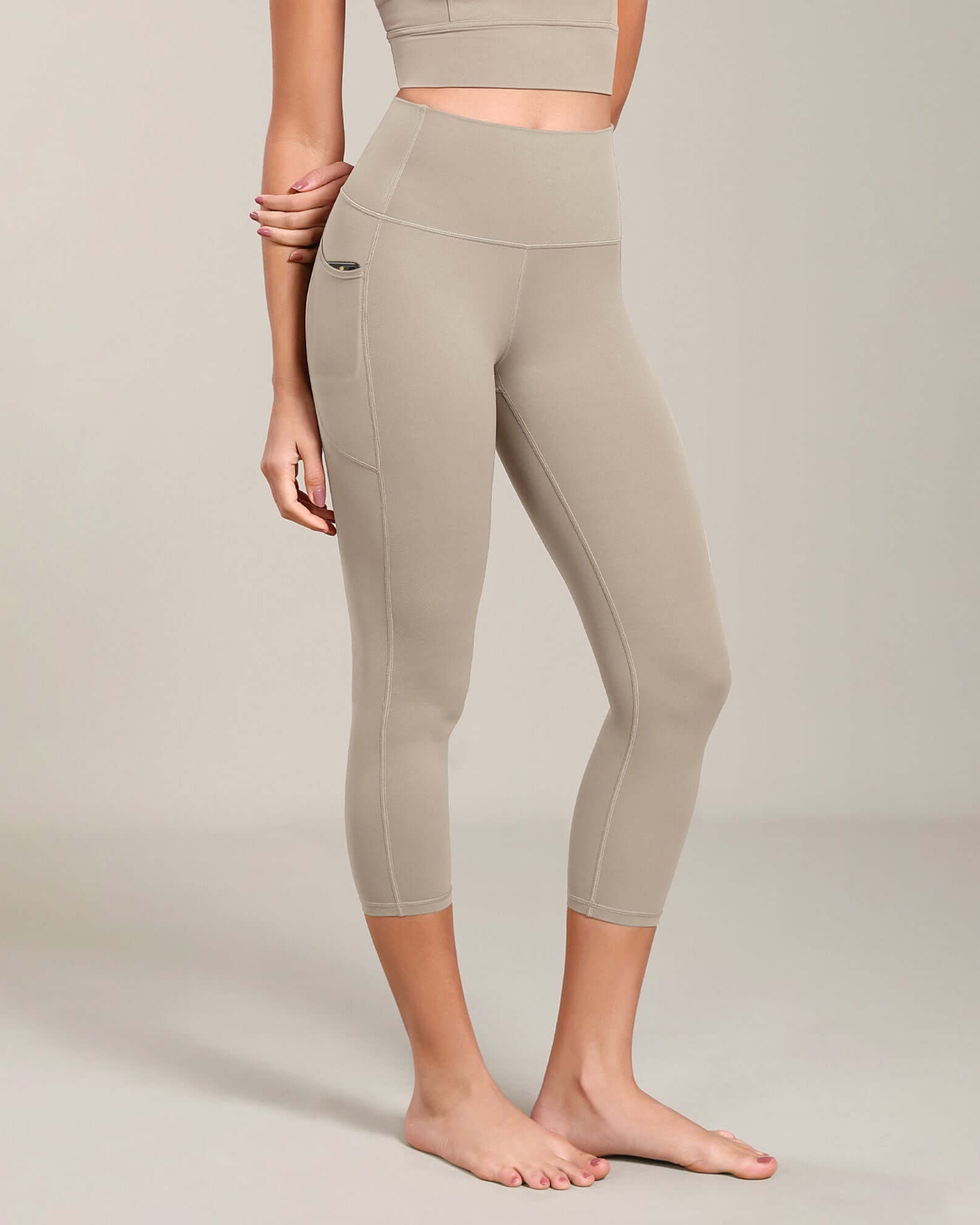 Odcloud Lounge Yoga 21 High Waist Capris Leggings with Pockets Shaker Beige - ododos