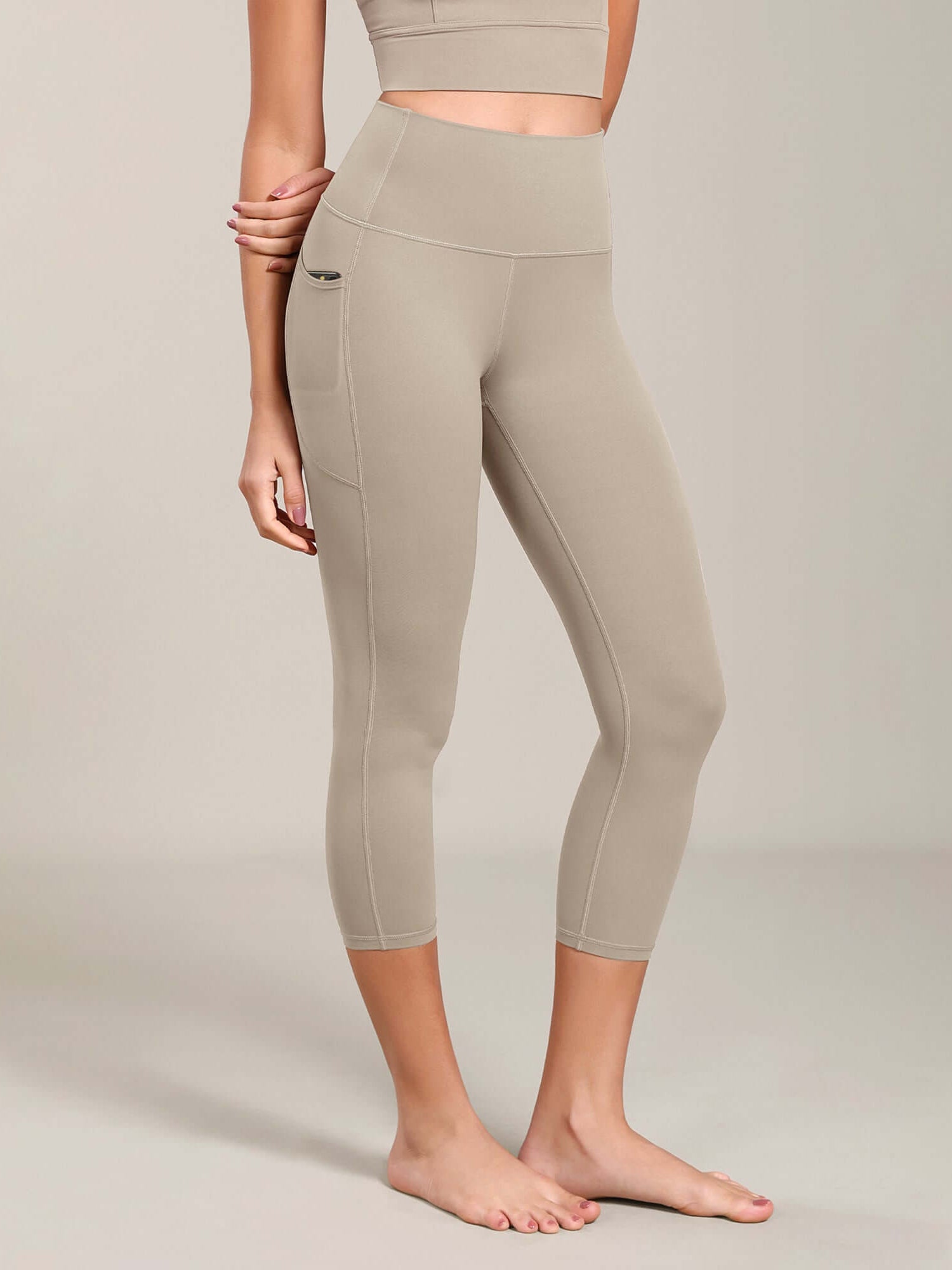 Odcloud Lounge Yoga 21 High Waist Capris Leggings with Pockets Shaker Beige - ododos