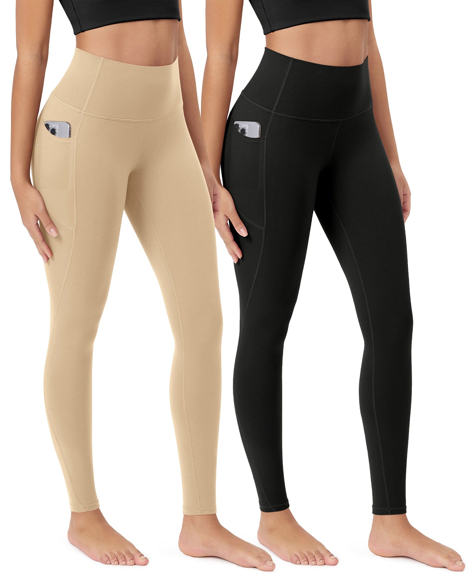 ODCLOUD 2-Pack 28�Buttery Soft Lounge Yoga Leggings with Pockets Black+Beige - ododos