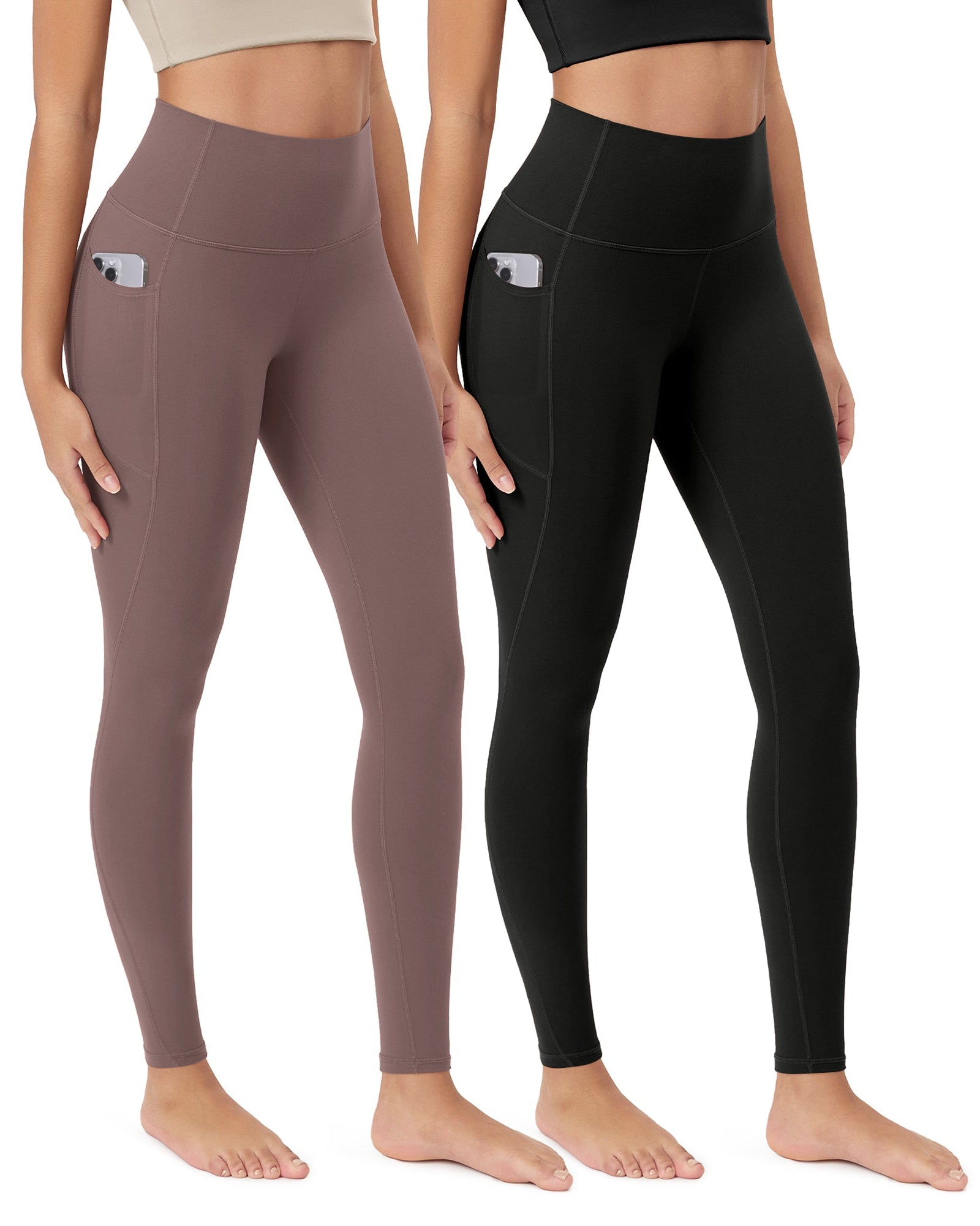 ODCLOUD 2-Pack 28�Buttery Soft Lounge Yoga Leggings with Pockets Black+Purple Taupe - ododos