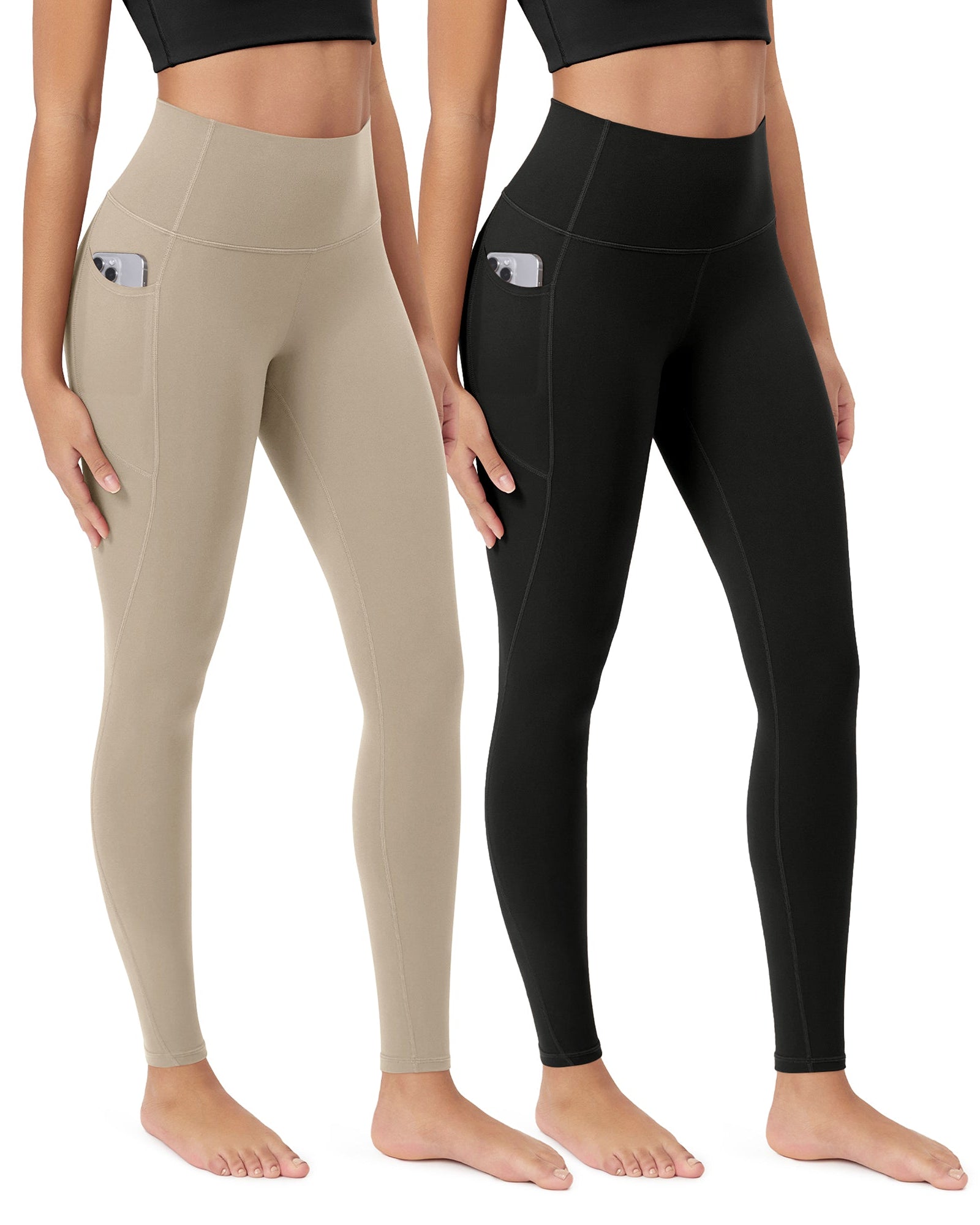 ODCLOUD 2-Pack 28�Buttery Soft Lounge Yoga Leggings with Pockets Black+shaker Beige - ododos
