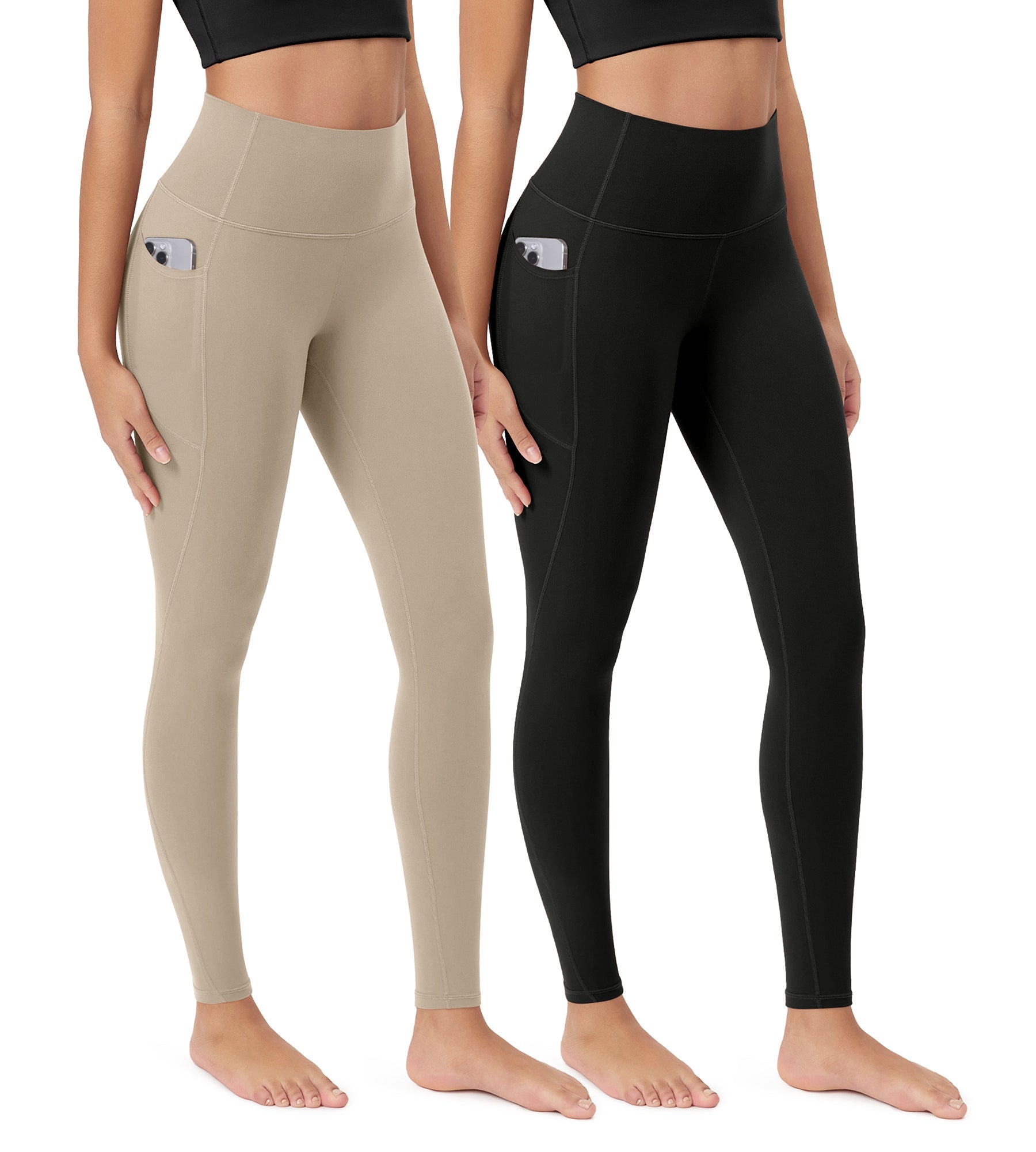 ODCLOUD 2-Pack 28�Buttery Soft Lounge Yoga Leggings with Pockets Black+shaker Beige - ododos