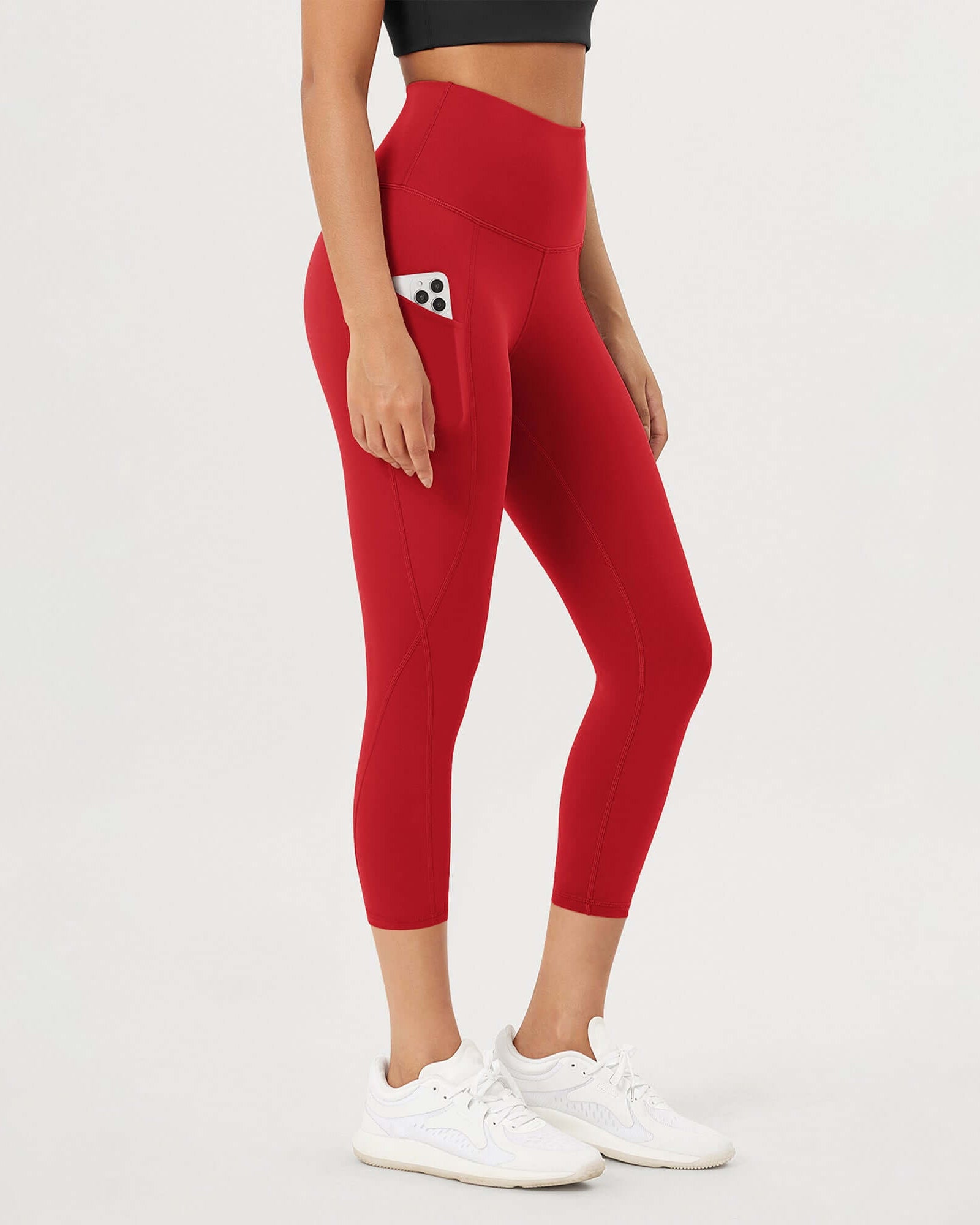 23�High Waisted Tummy Control Through Athletic Yoga Leggings with Pockets Red - ododos