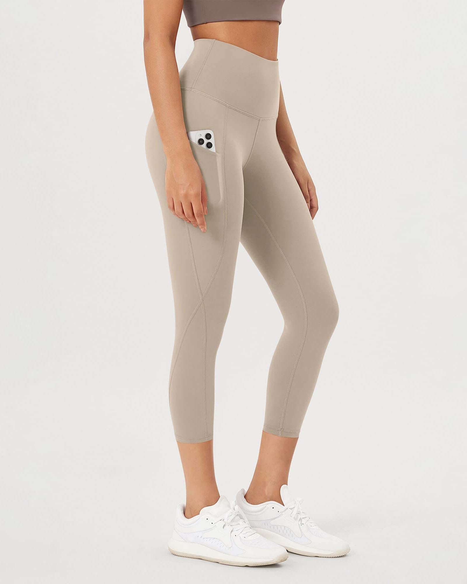 23�High Waisted Tummy Control Through Athletic Yoga Leggings with Pockets Taupe - ododos