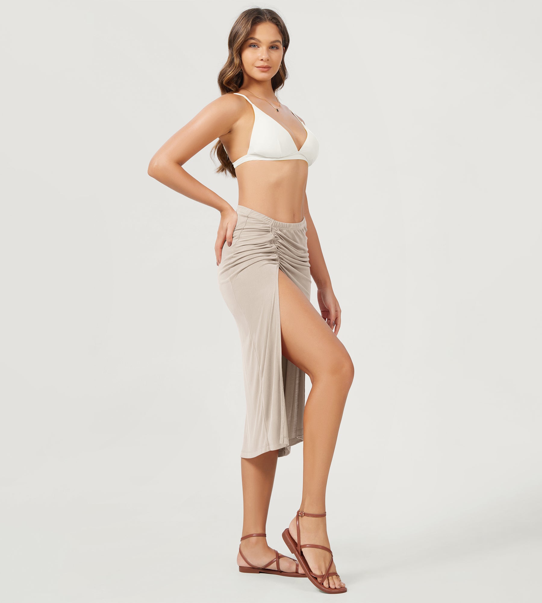 Modal Soft Side Slit Cinchable Midi Skirts Abalone - ododos