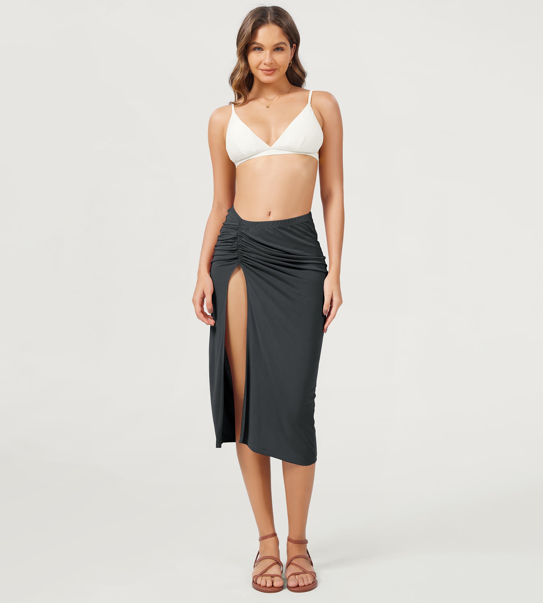 Modal Soft Side Slit Cinchable Midi Skirts Black - ododos