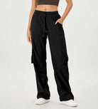 Stretch Woven Relaxed Cargo Cinchable Hems Casual Sweatpants with Pockets Black - ododos