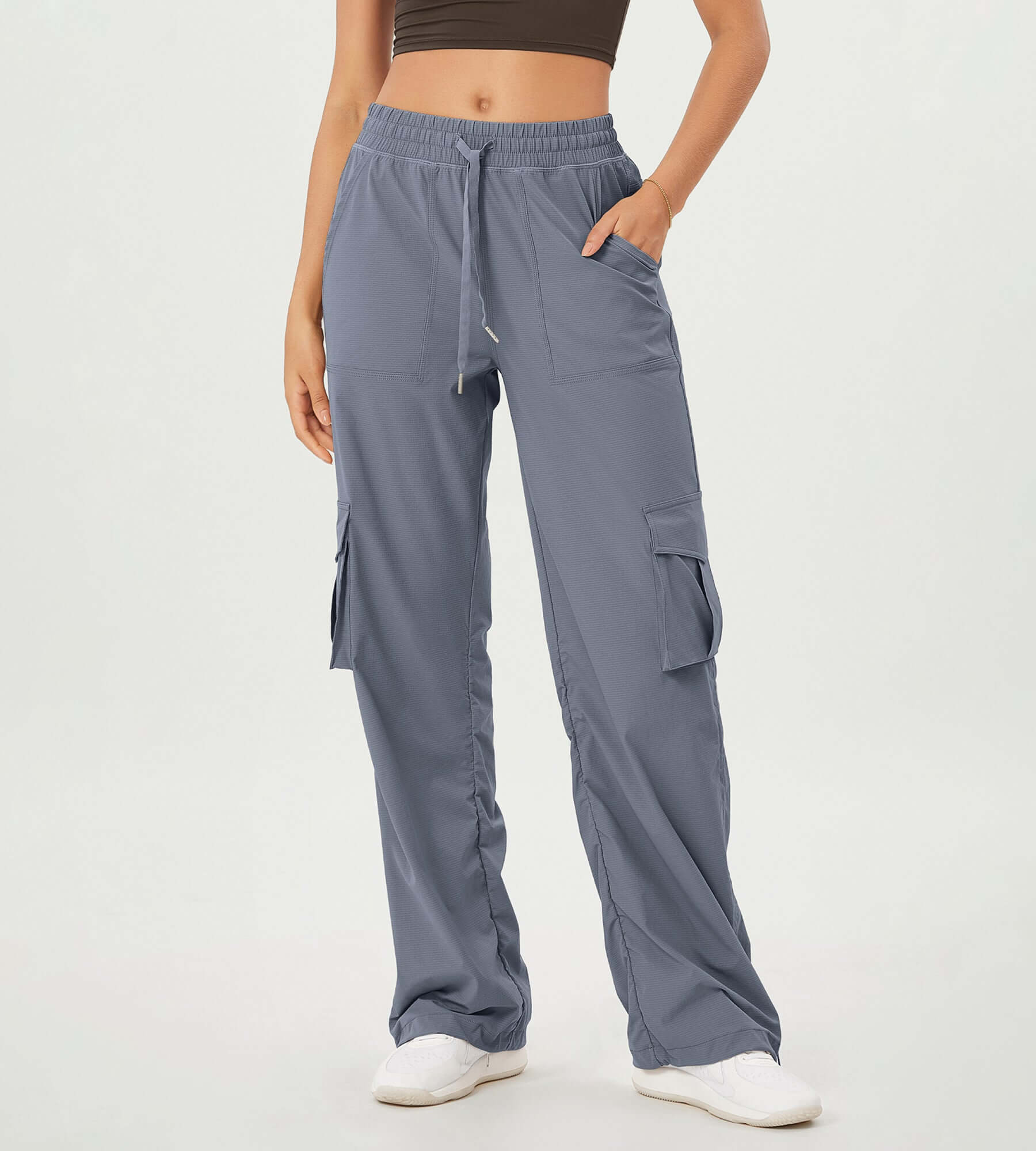 Stretch Woven Relaxed Cargo Cinchable Hems Casual Sweatpants with Pockets Blue - ododos