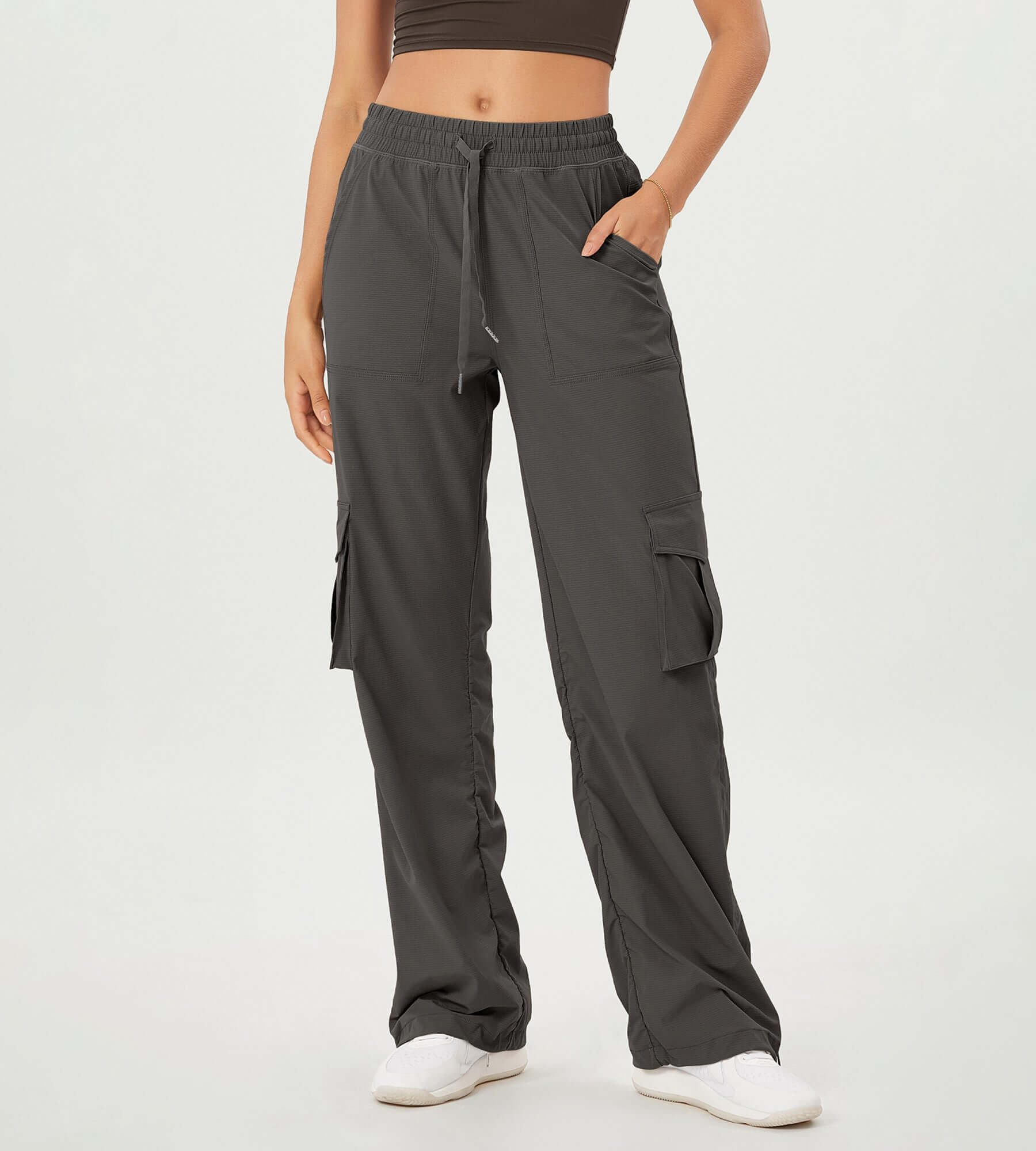 Stretch Woven Relaxed Cargo Cinchable Hems Casual Sweatpants with Pockets Charcoal - ododos