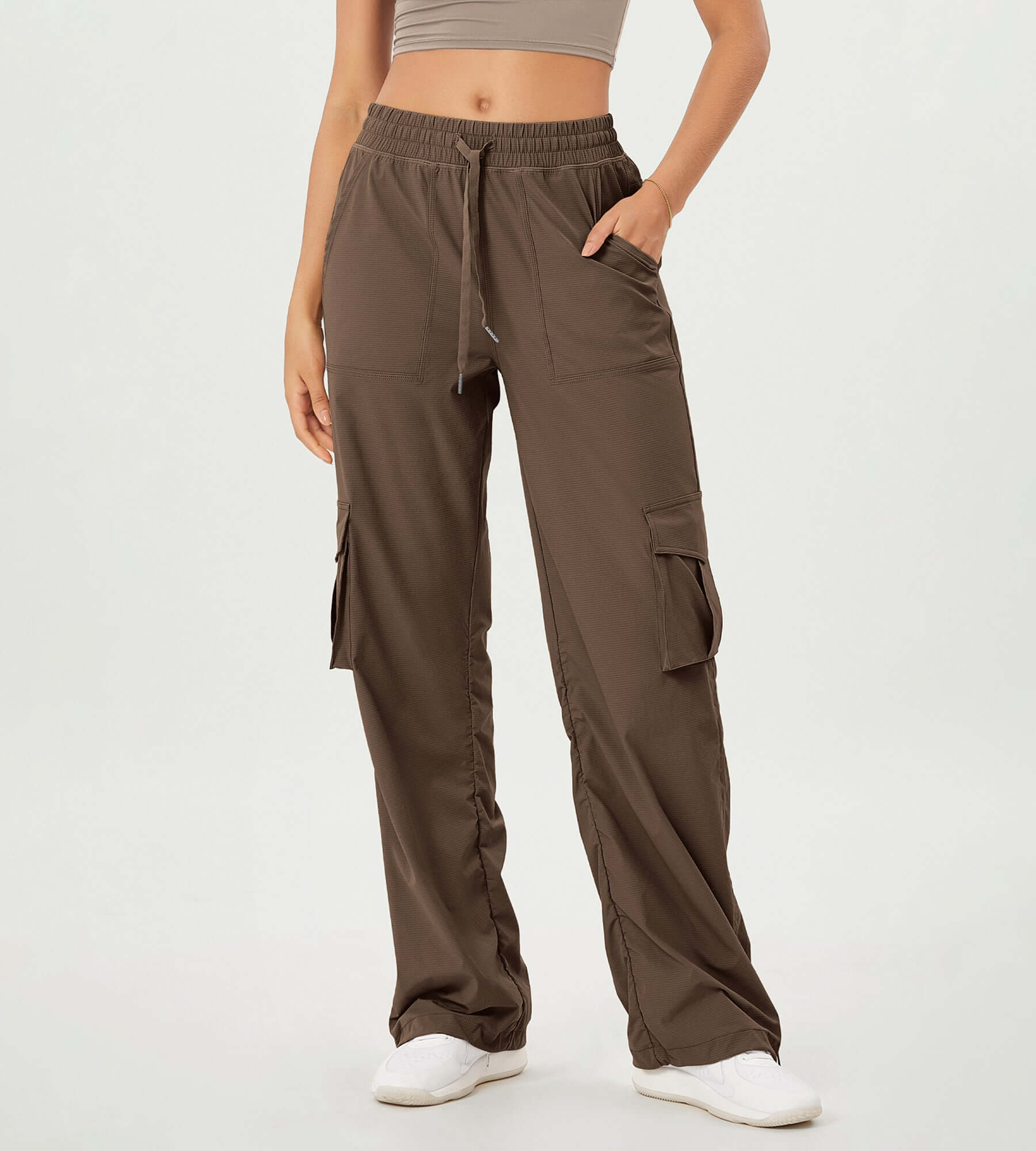 Stretch Woven Relaxed Cargo Cinchable Hems Casual Sweatpants with Pockets Coffee - ododos