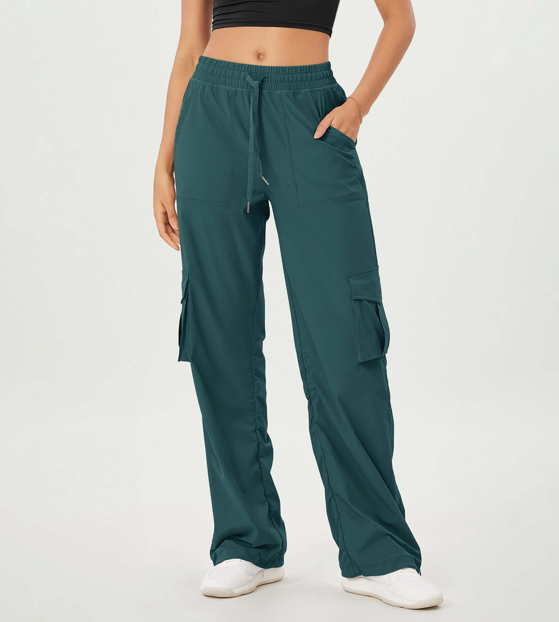 Stretch Woven Relaxed Cargo Cinchable Hems Casual Sweatpants with Pockets Forest Teal - ododos