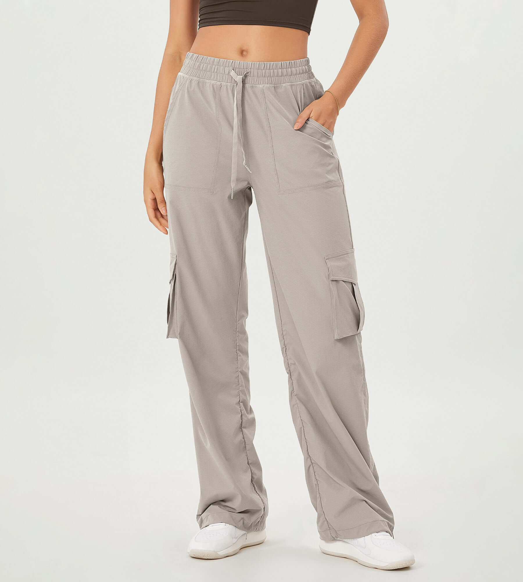 Stretch Woven Relaxed Cargo Cinchable Hems Casual Sweatpants with Pockets Light Gray - ododos