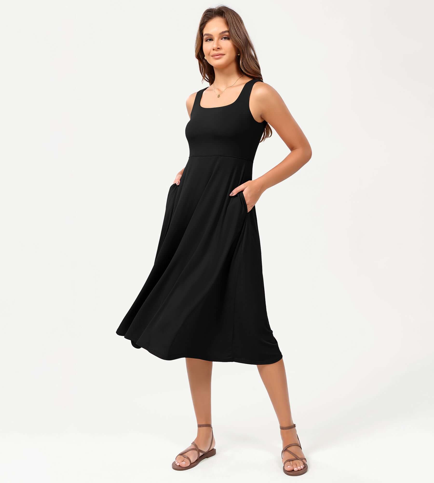 Square Neck Casual Sleeveless Sundress Flare Tank Dress with Pockets Black - ododos